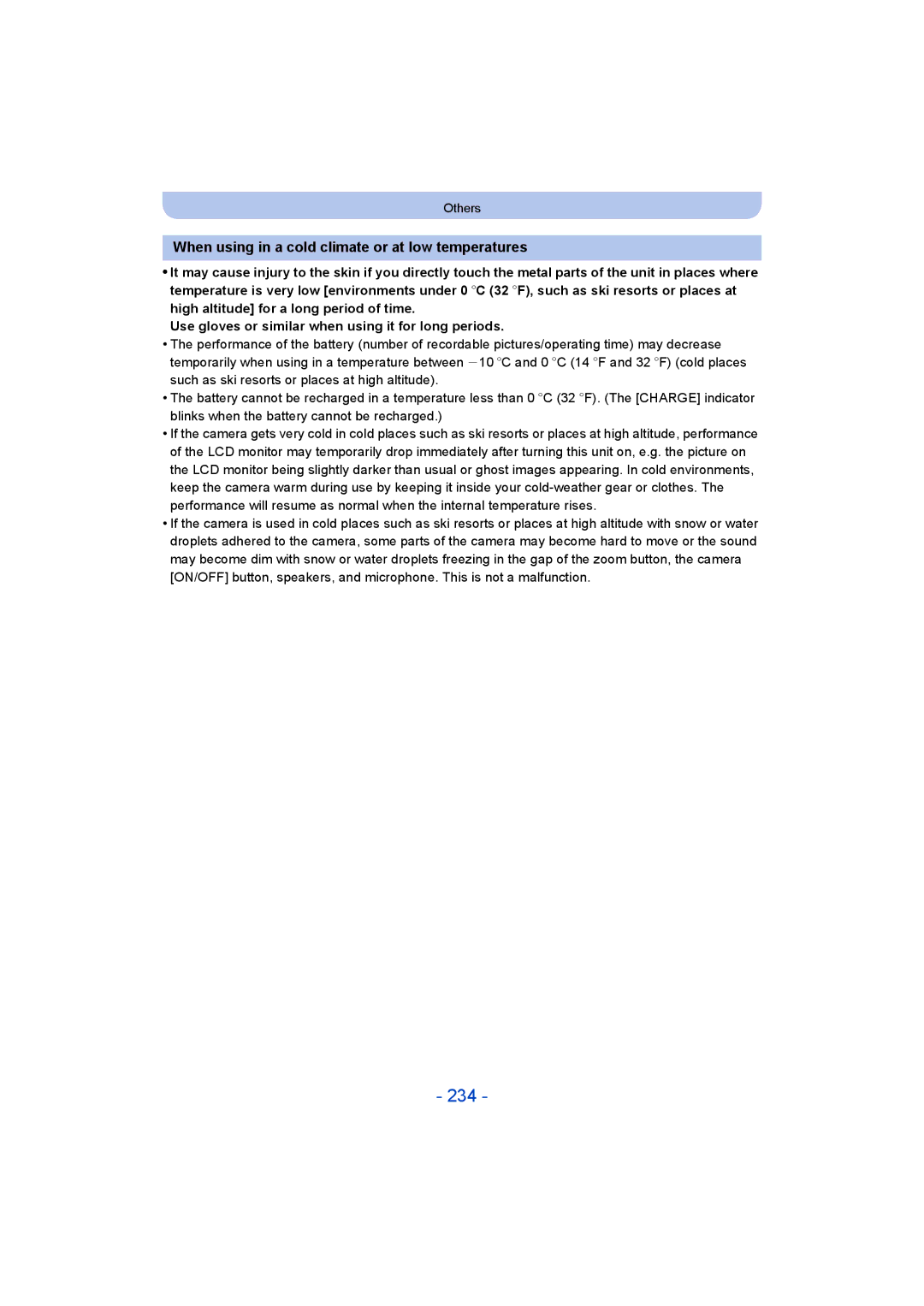 Panasonic DMC-FT5/DMC-TS5 operating instructions 234, When using in a cold climate or at low temperatures 