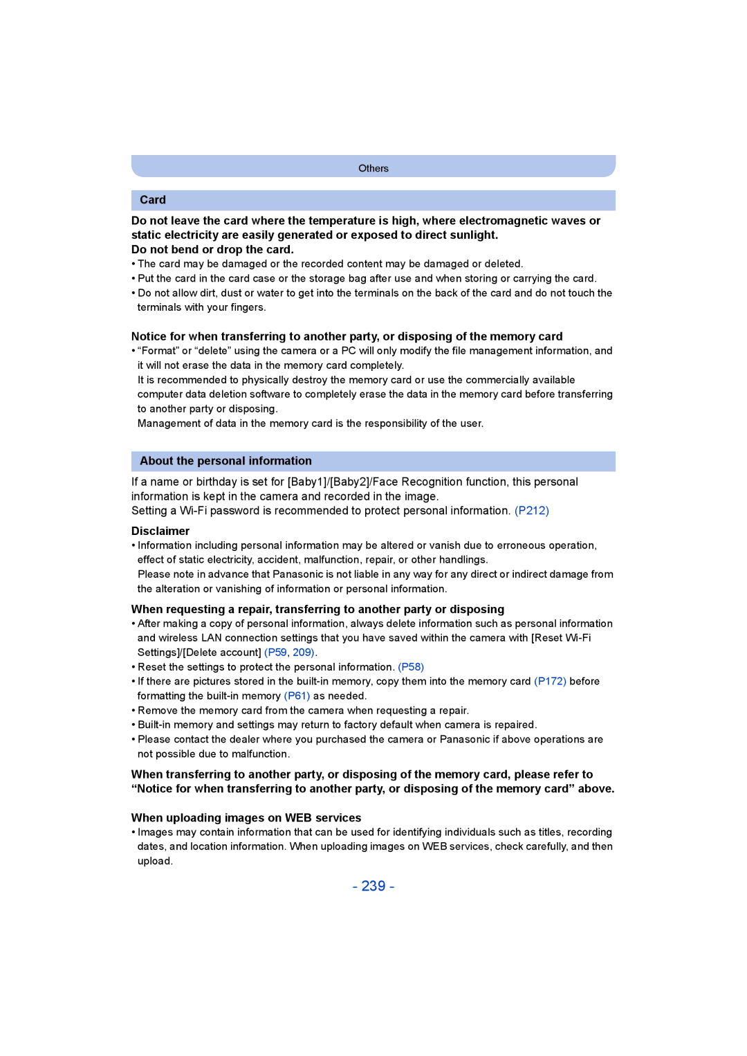 Panasonic DMC-FT5/DMC-TS5 239, About the personal information, Disclaimer, When uploading images on WEB services 