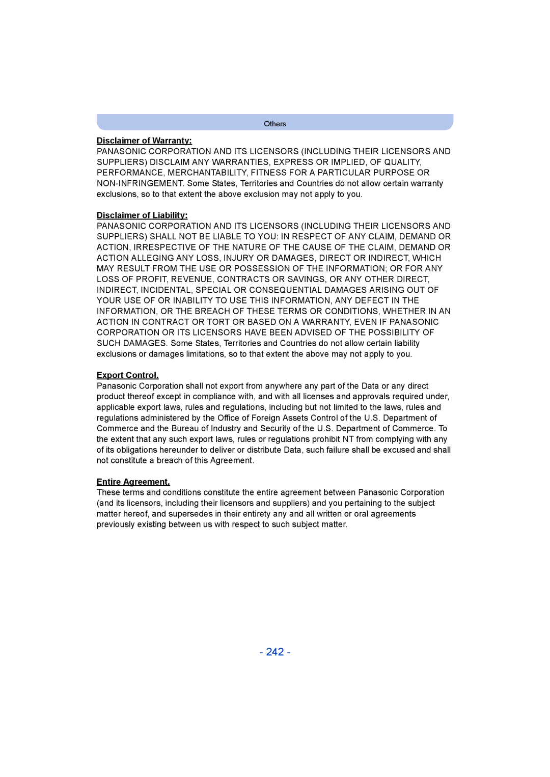 Panasonic DMC-FT5/DMC-TS5 242, Disclaimer of Warranty, Disclaimer of Liability, Export Control, Entire Agreement 