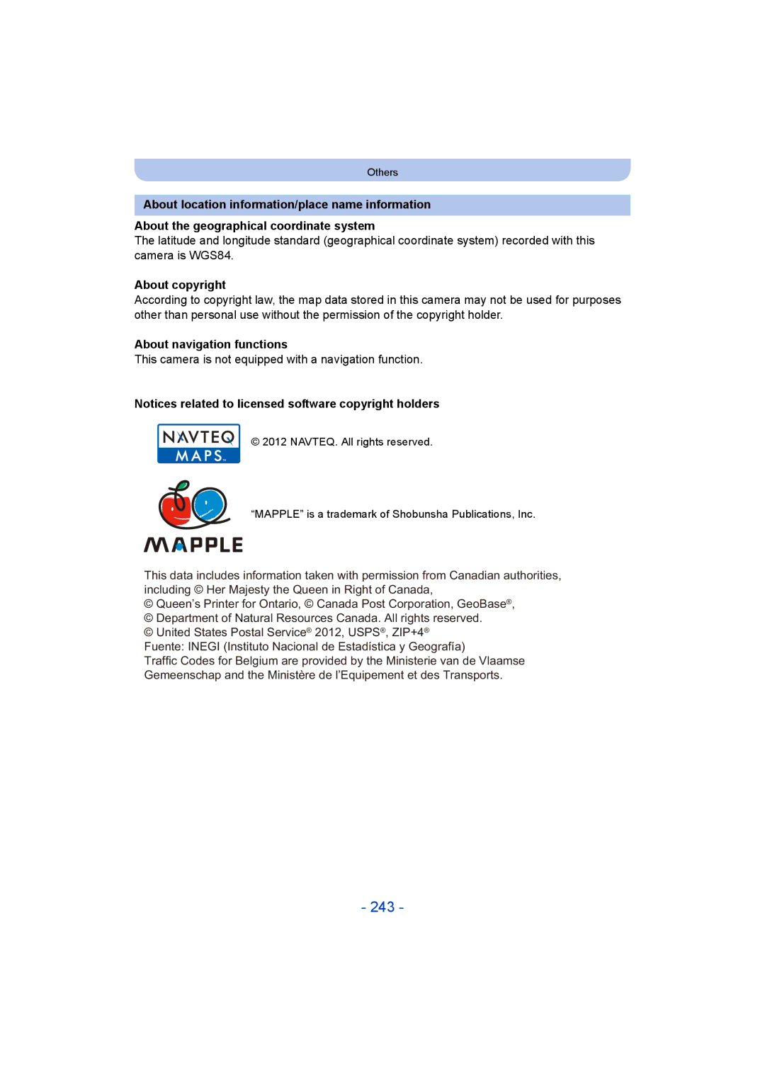 Panasonic DMC-FT5/DMC-TS5 operating instructions 243, About copyright, About navigation functions 