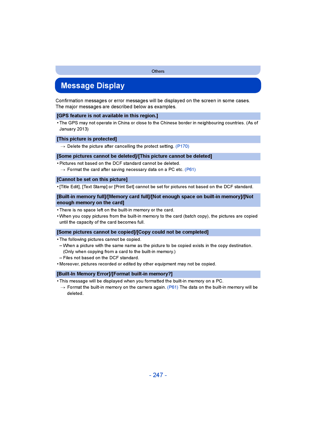 Panasonic DMC-FT5/DMC-TS5 operating instructions Message Display, 247 