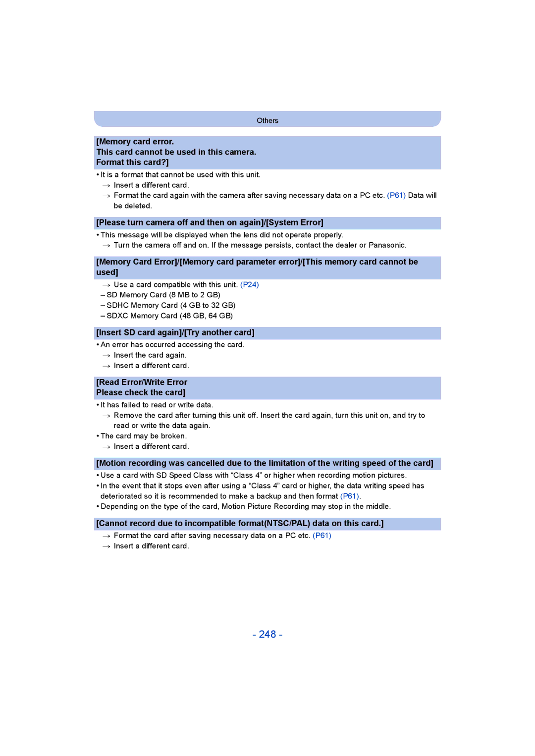 Panasonic DMC-FT5/DMC-TS5 operating instructions 248, Please turn camera off and then on again/System Error 