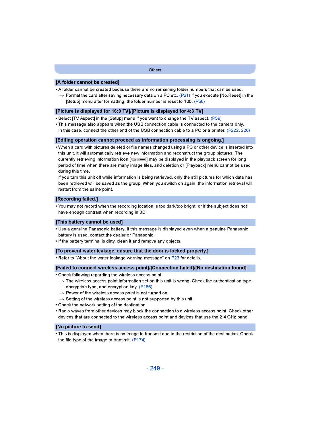 Panasonic DMC-FT5/DMC-TS5 249, Folder cannot be created, Recording failed, This battery cannot be used, No picture to send 