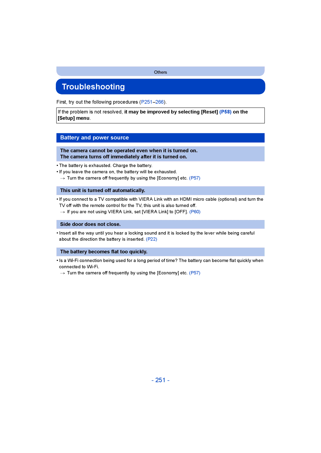 Panasonic DMC-FT5/DMC-TS5 operating instructions Troubleshooting, 251, Battery and power source 