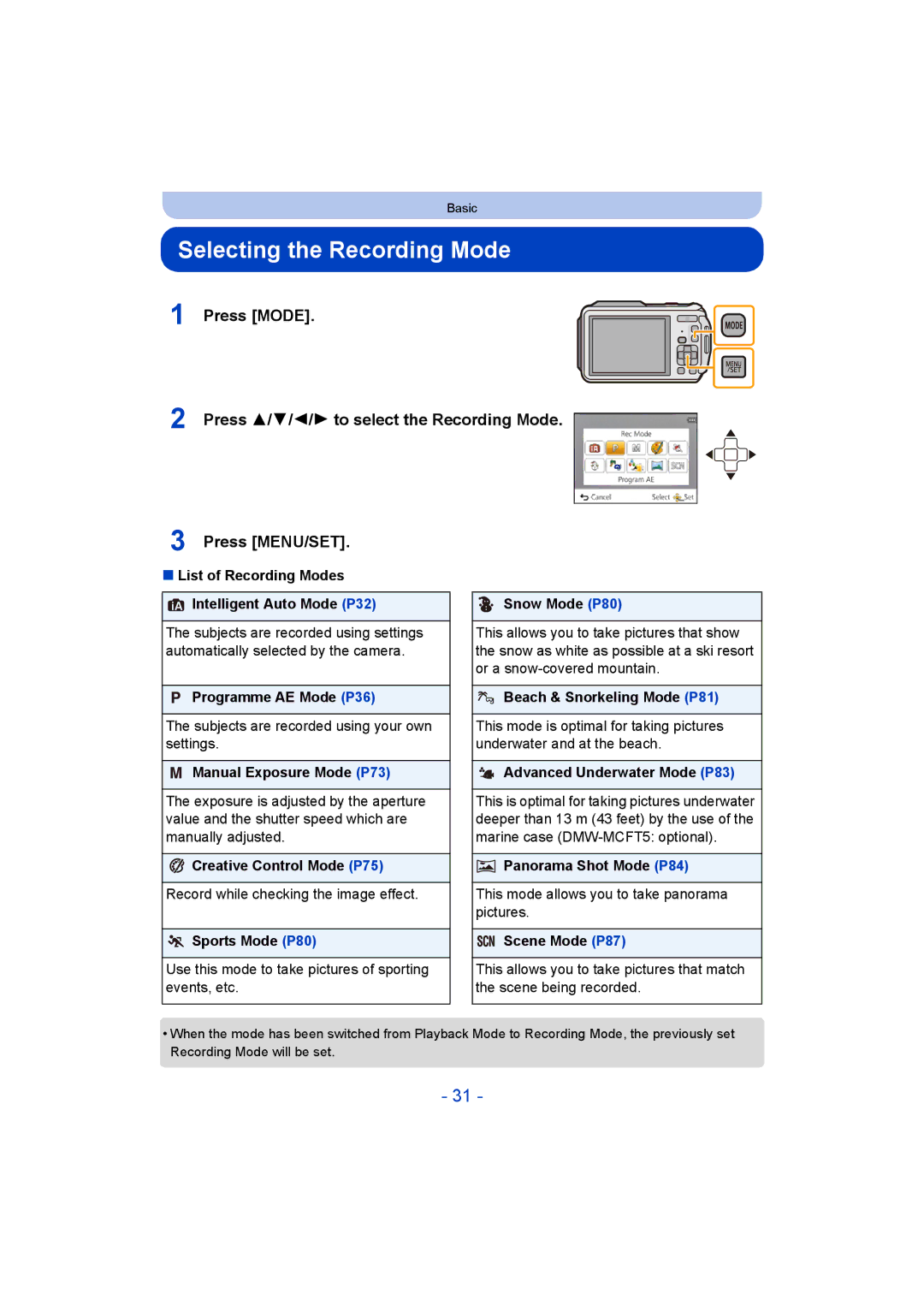 Panasonic DMC-FT5/DMC-TS5 operating instructions Selecting the Recording Mode 