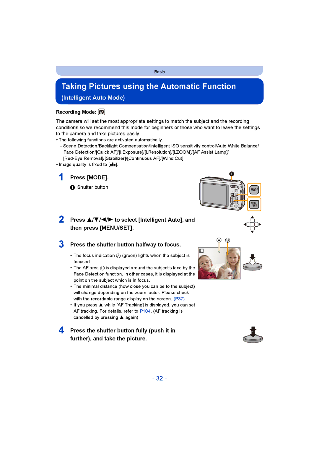 Panasonic DMC-FT5/DMC-TS5 Taking Pictures using the Automatic Function, Press Mode, Recording Mode, Shutter button 