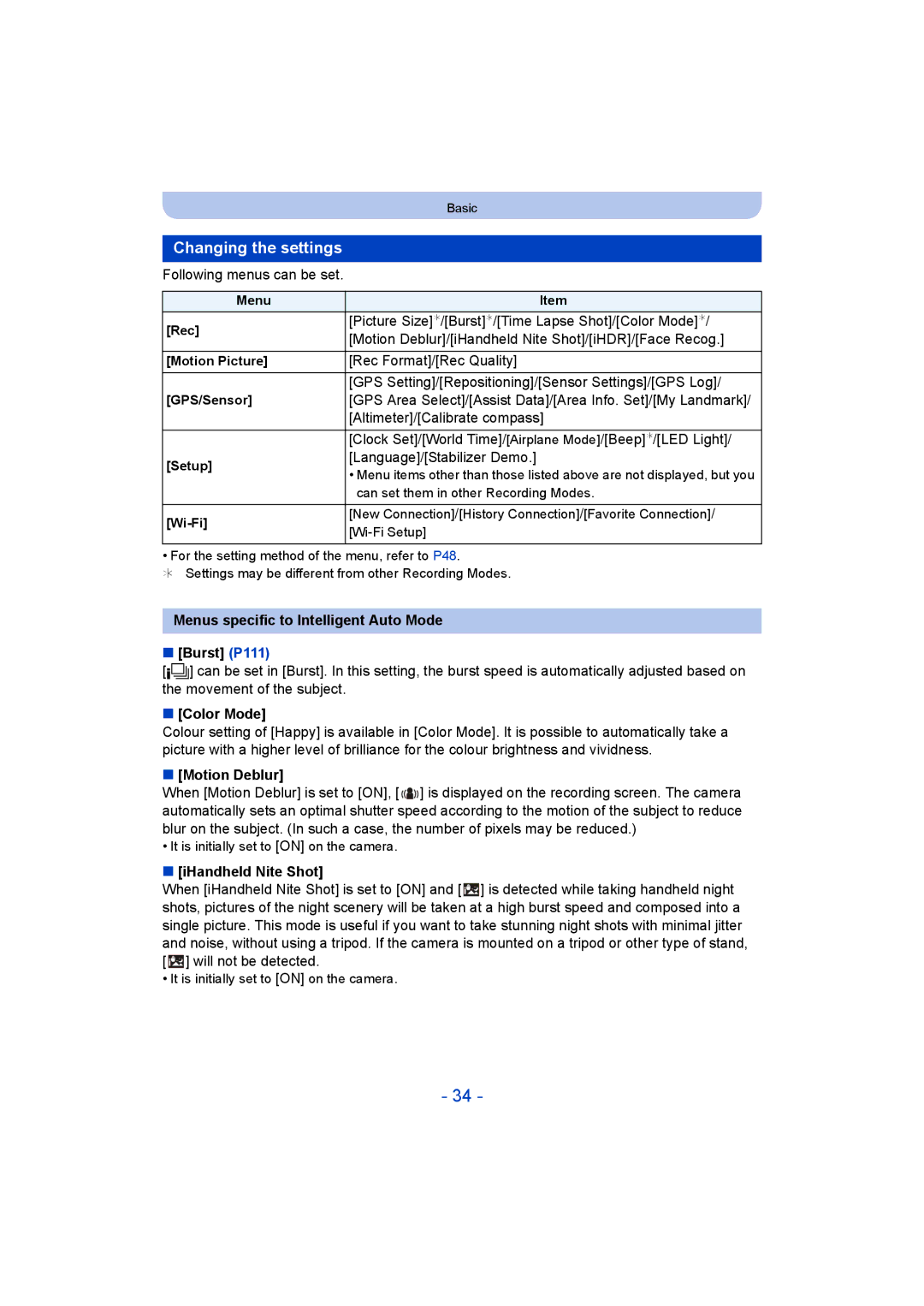 Panasonic DMC-FT5/DMC-TS5 Changing the settings, Menus specific to Intelligent Auto Mode Burst P111, Color Mode 