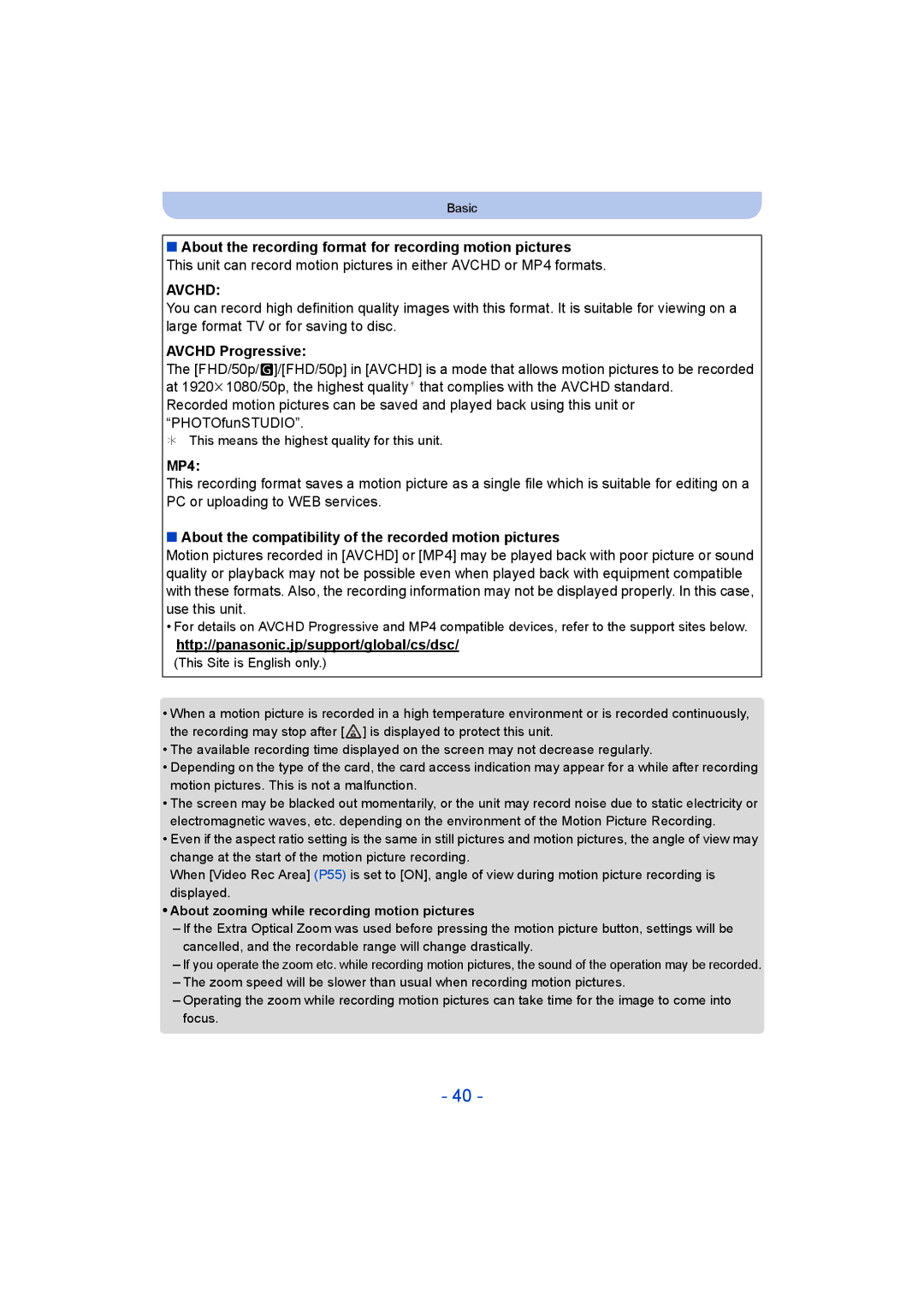 Panasonic DMC-FT5/DMC-TS5 About the recording format for recording motion pictures, Avchd Progressive, MP4 