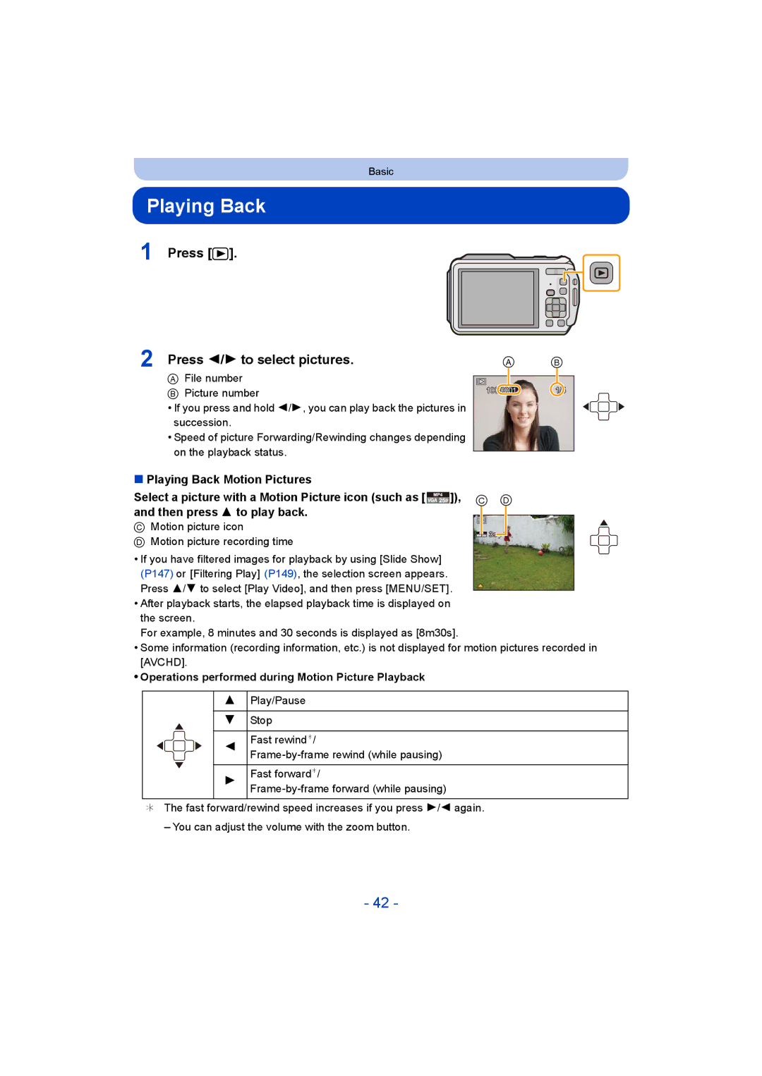 Panasonic DMC-FT5/DMC-TS5 Press Press 2/1 to select pictures, Playing Back Motion Pictures, Then press 3 to play back 