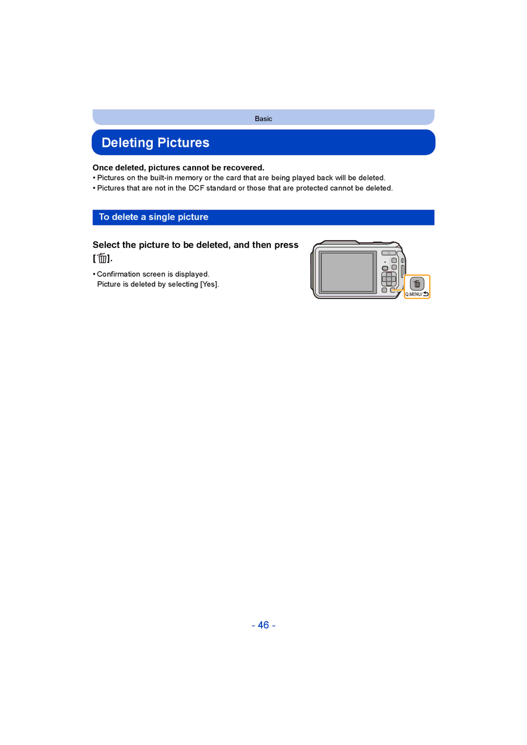 Panasonic DMC-FT5/DMC-TS5 Deleting Pictures, To delete a single picture, Select the picture to be deleted, and then press 