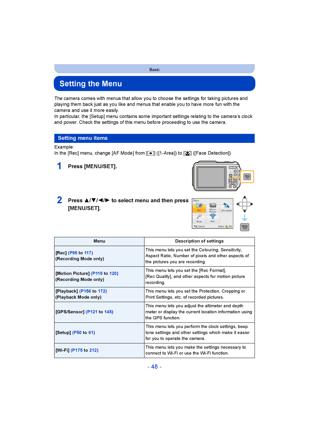 Panasonic DMC-FT5/DMC-TS5 operating instructions Setting the Menu, Setting menu items 