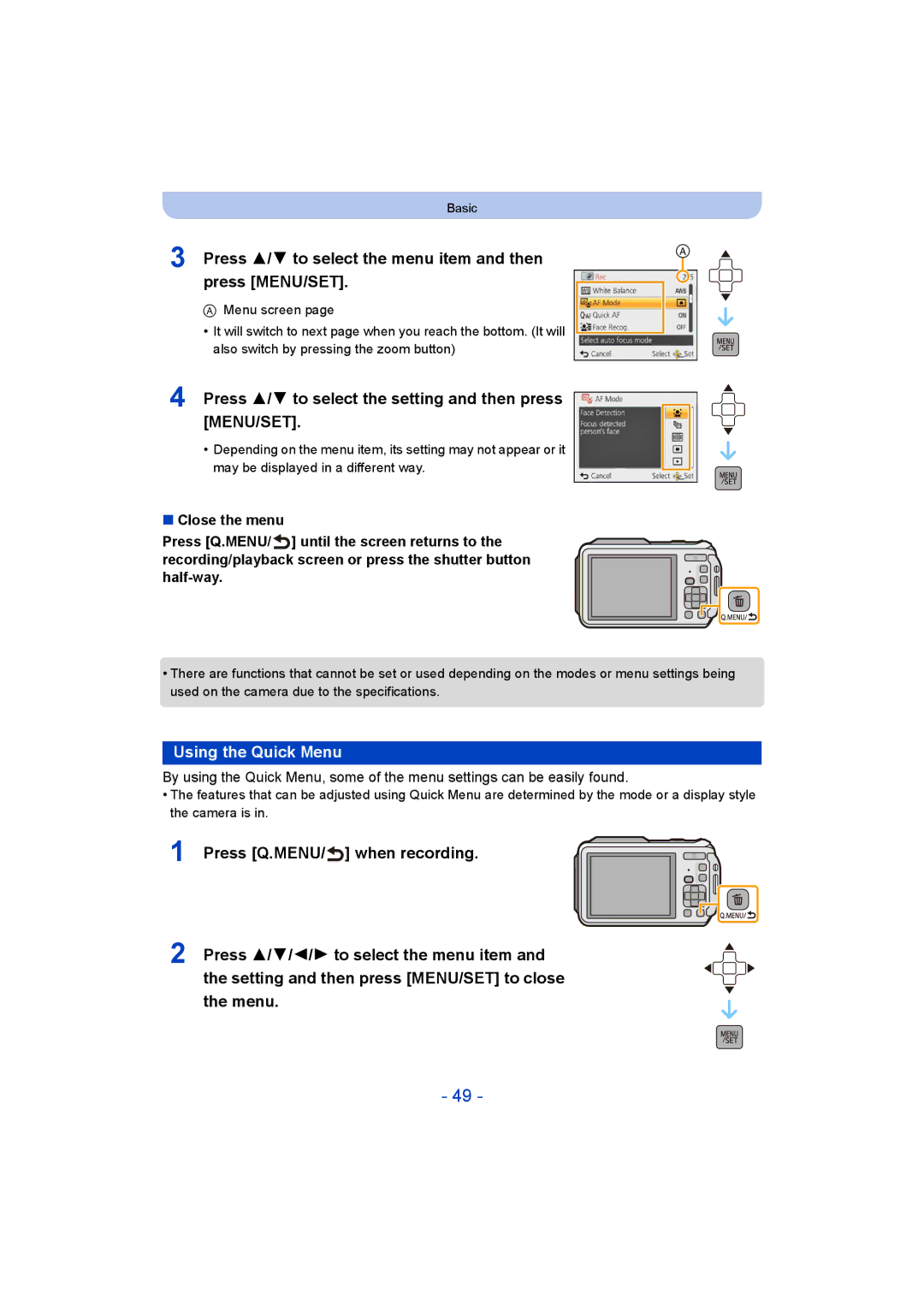 Panasonic DMC-FT5/DMC-TS5 Press 3/ 4 to select the menu item and then Press MENU/SET, Using the Quick Menu 