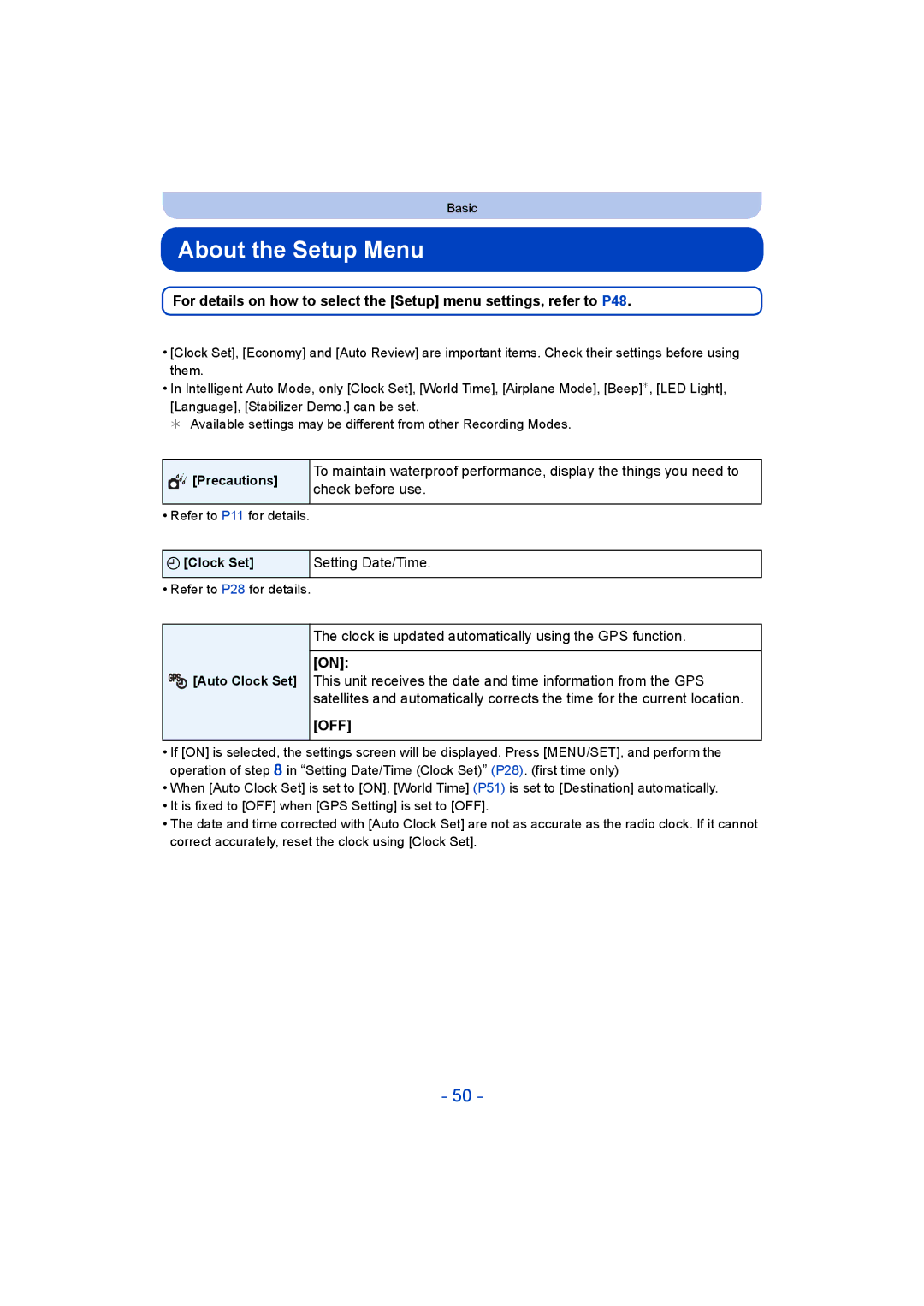 Panasonic DMC-FT5/DMC-TS5 operating instructions About the Setup Menu, Check before use, Setting Date/Time 