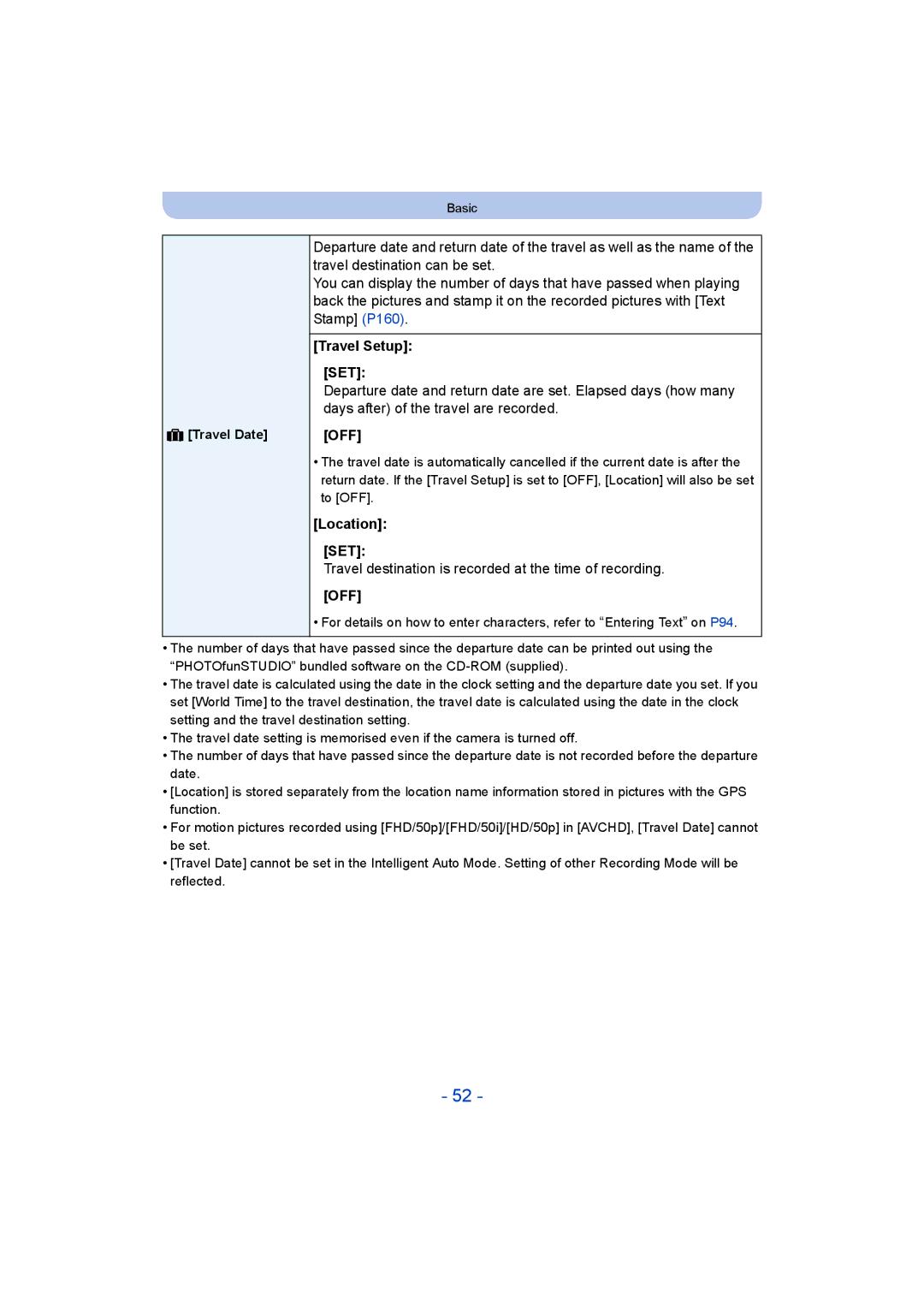 Panasonic DMC-FT5/DMC-TS5 Travel Setup SET, Location SET, Travel destination is recorded at the time of recording 