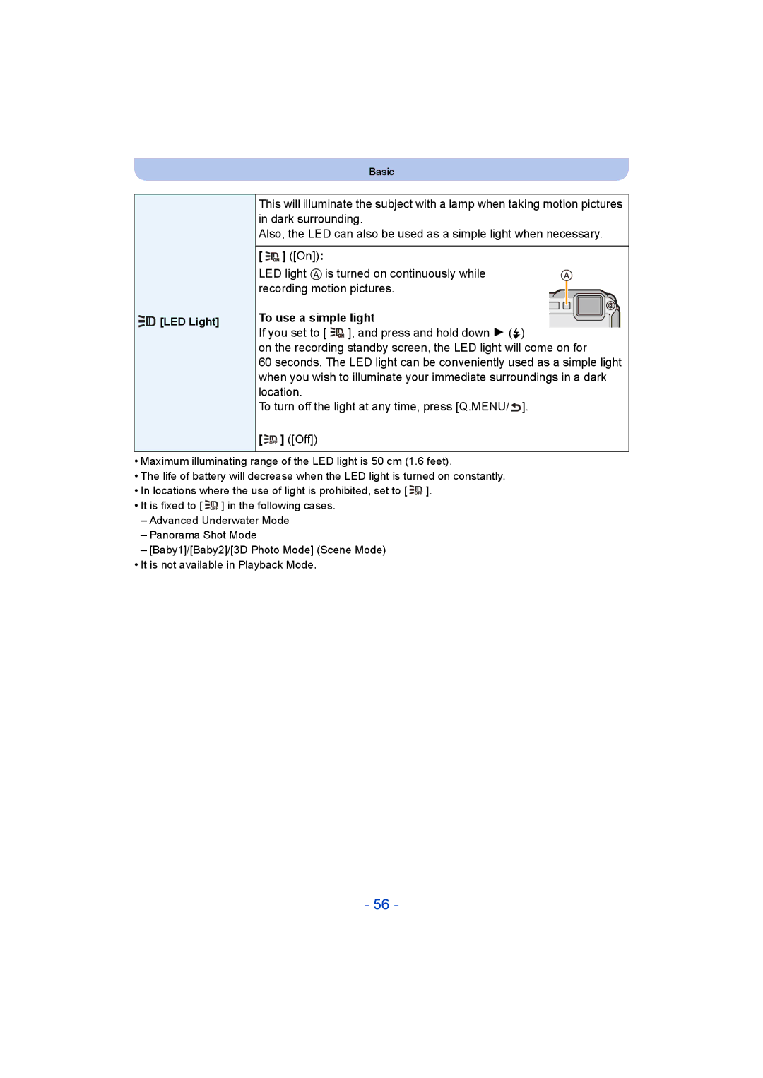 Panasonic DMC-FT5/DMC-TS5 operating instructions To use a simple light, LED Light 