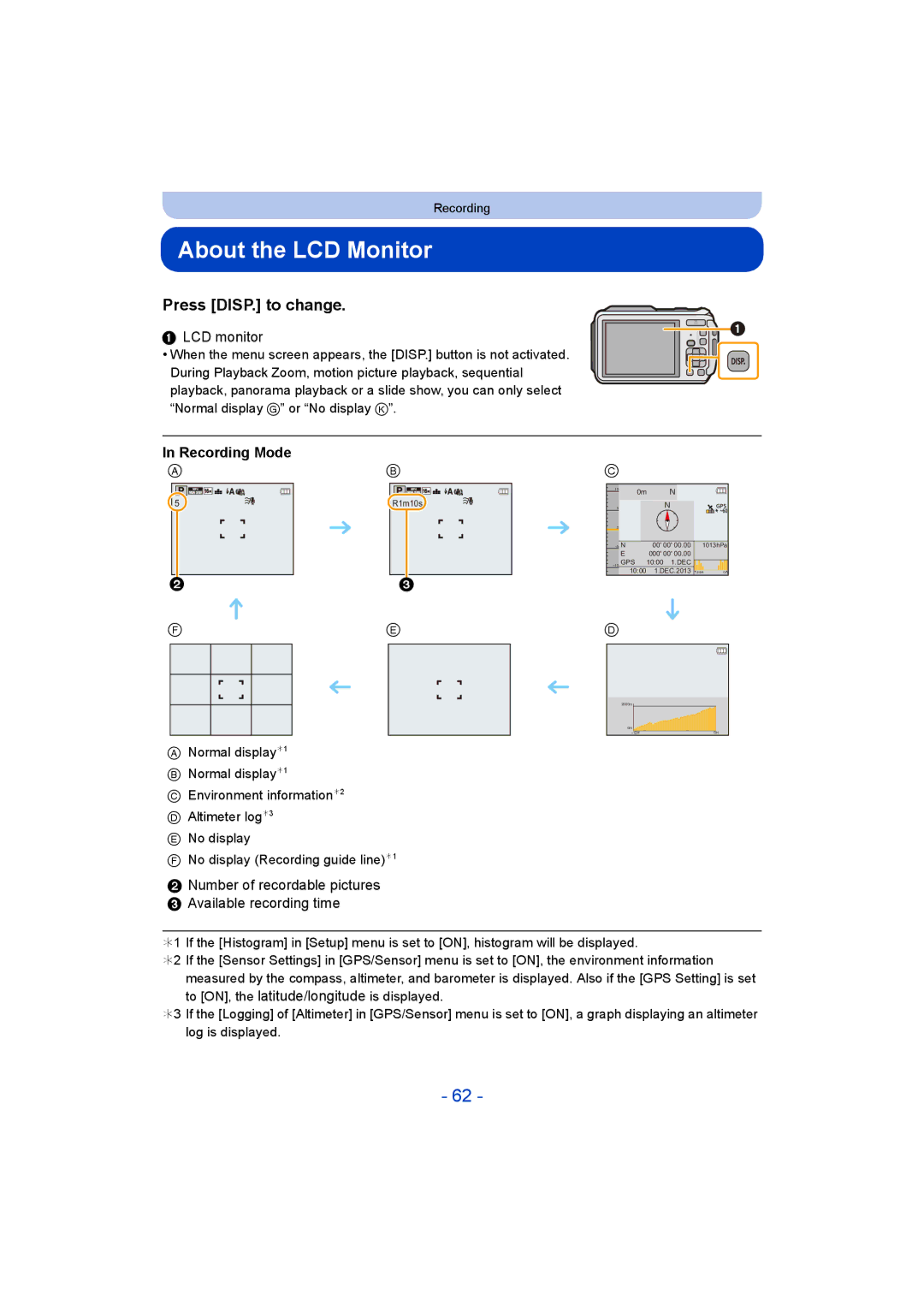 Panasonic DMC-FT5/DMC-TS5 operating instructions About the LCD Monitor, Press DISP. to change, LCD monitor 