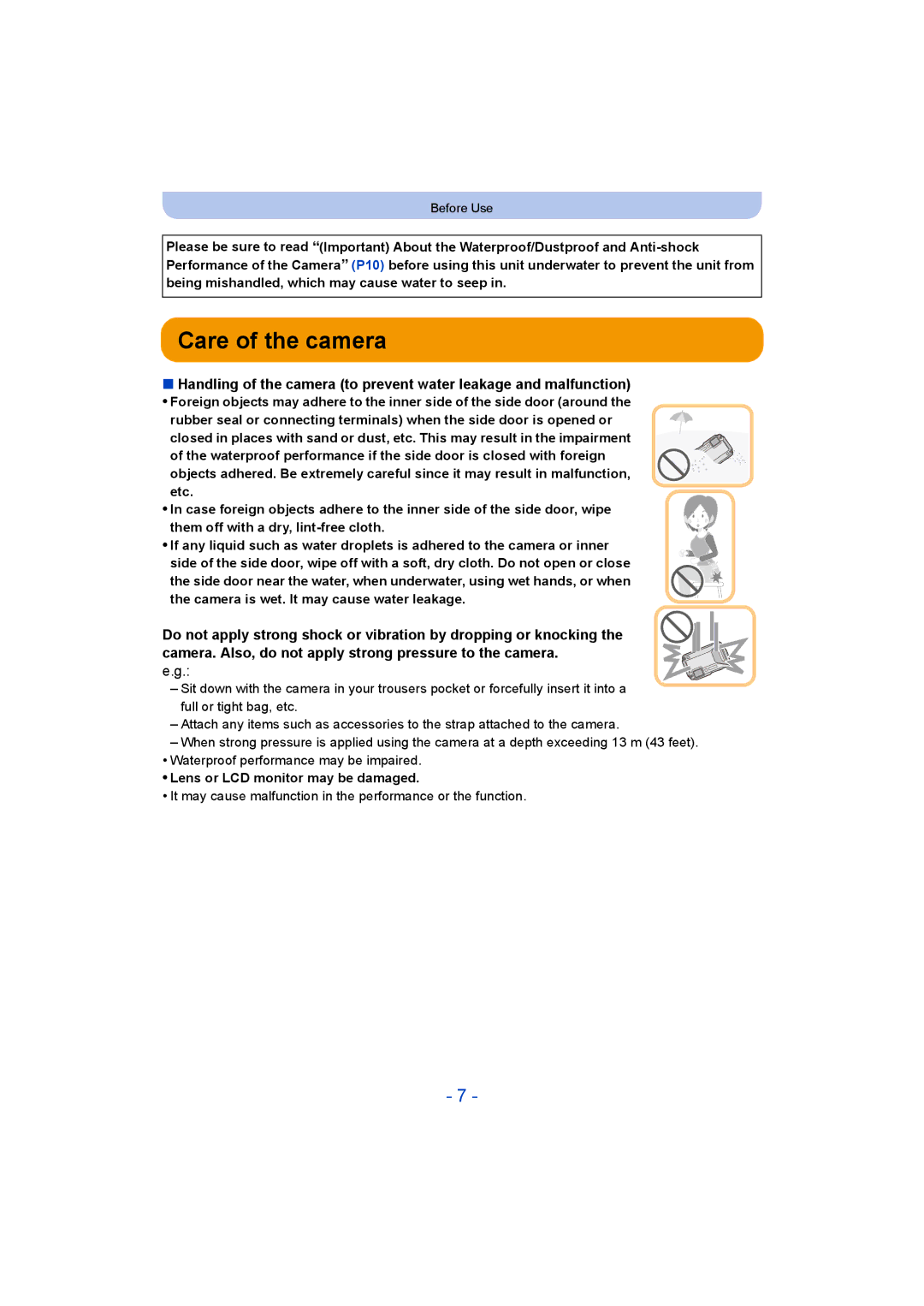 Panasonic DMC-FT5/DMC-TS5 operating instructions Care of the camera, Lens or LCD monitor may be damaged 