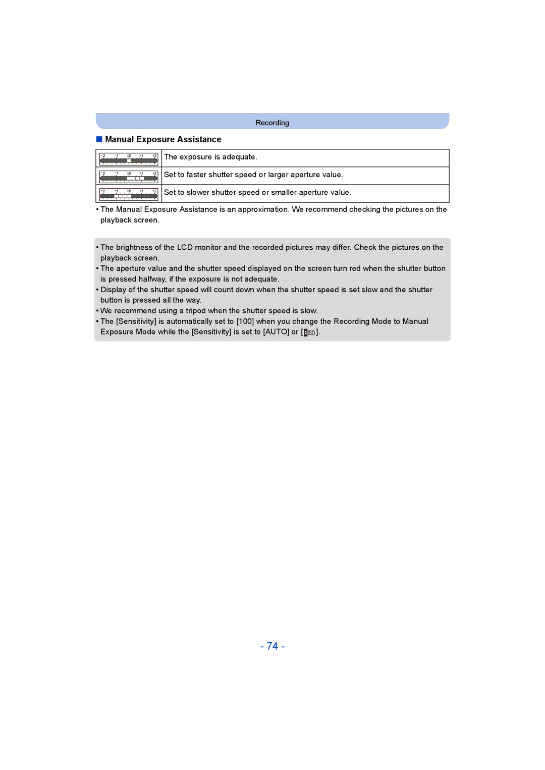 Panasonic DMC-FT5/DMC-TS5 operating instructions Manual Exposure Assistance 