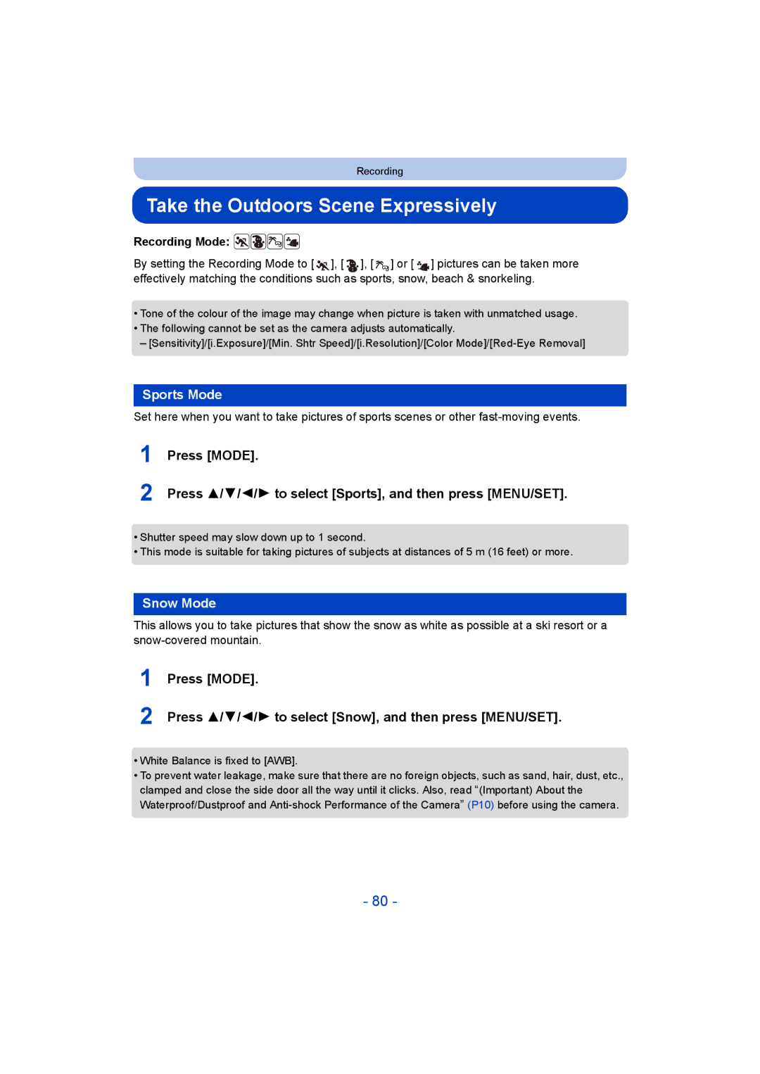 Panasonic DMC-FT5/DMC-TS5 operating instructions Take the Outdoors Scene Expressively, Sports Mode, Snow Mode 