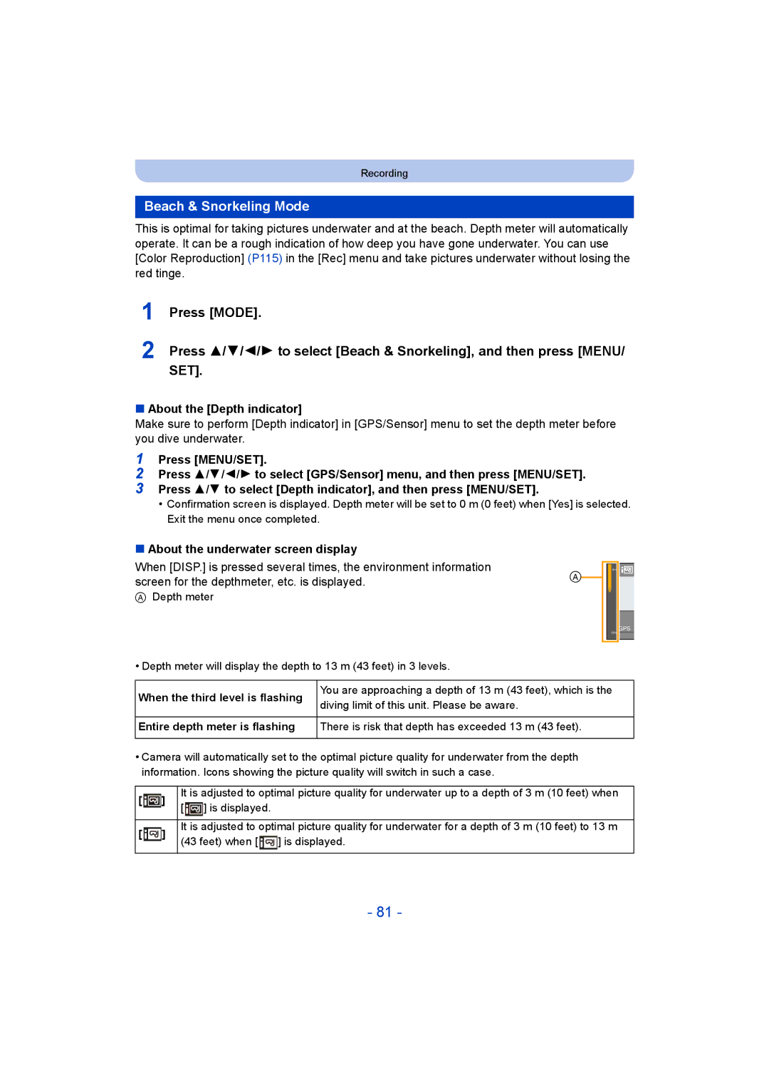 Panasonic DMC-FT5/DMC-TS5 operating instructions Beach & Snorkeling Mode, About the Depth indicator 