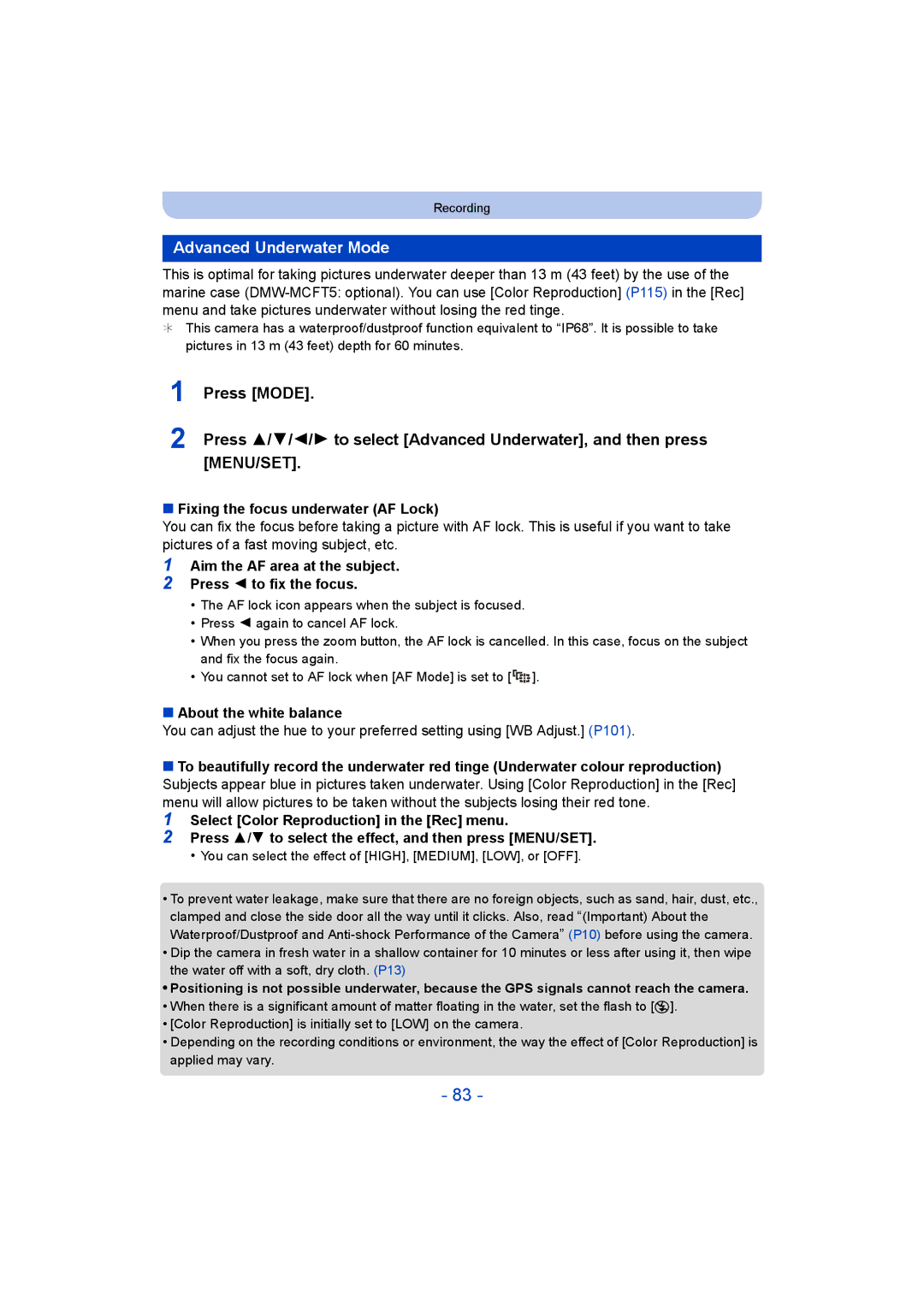 Panasonic DMC-FT5/DMC-TS5 operating instructions Advanced Underwater Mode, Fixing the focus underwater AF Lock 