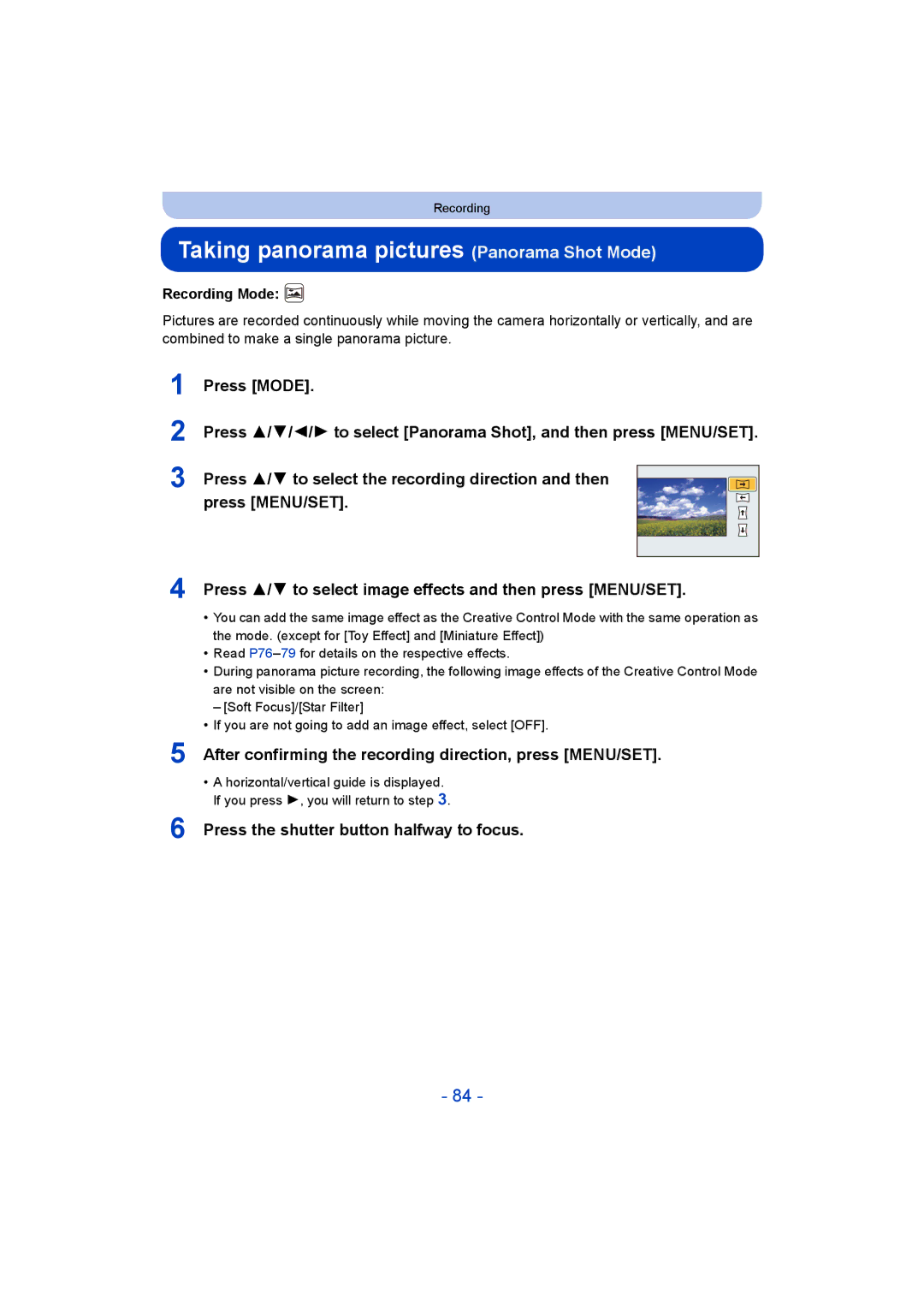 Panasonic DMC-FT5/DMC-TS5 operating instructions Taking panorama pictures Panorama Shot Mode 