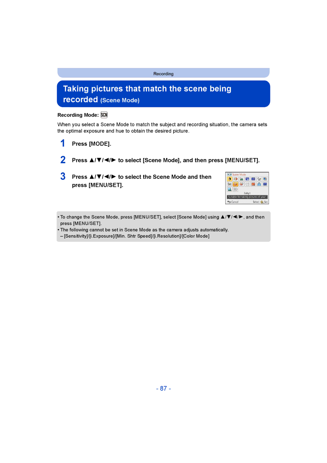 Panasonic DMC-FT5/DMC-TS5 operating instructions Taking pictures that match the scene being recorded, Recording Mode 