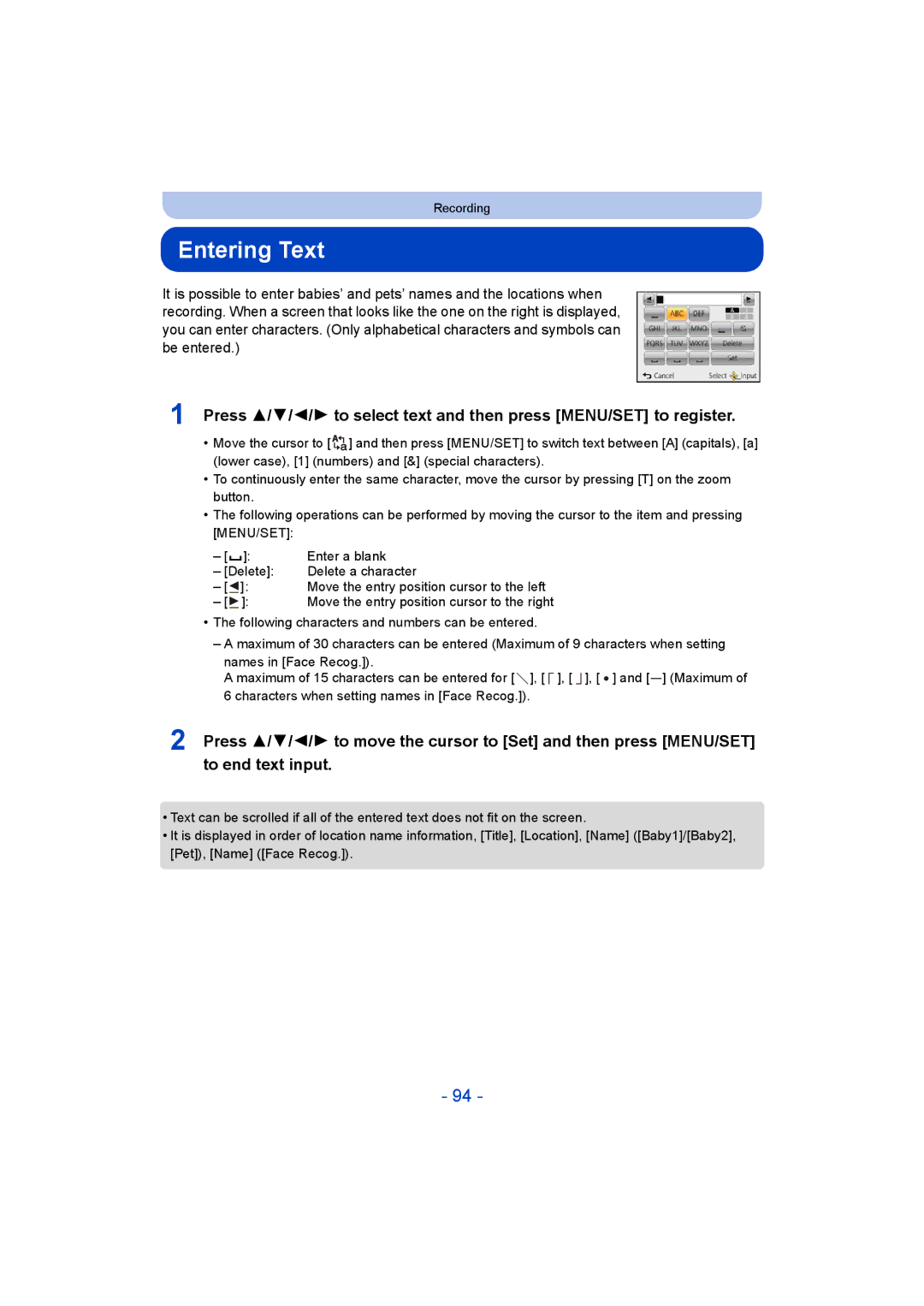 Panasonic DMC-FT5/DMC-TS5 operating instructions Entering Text 