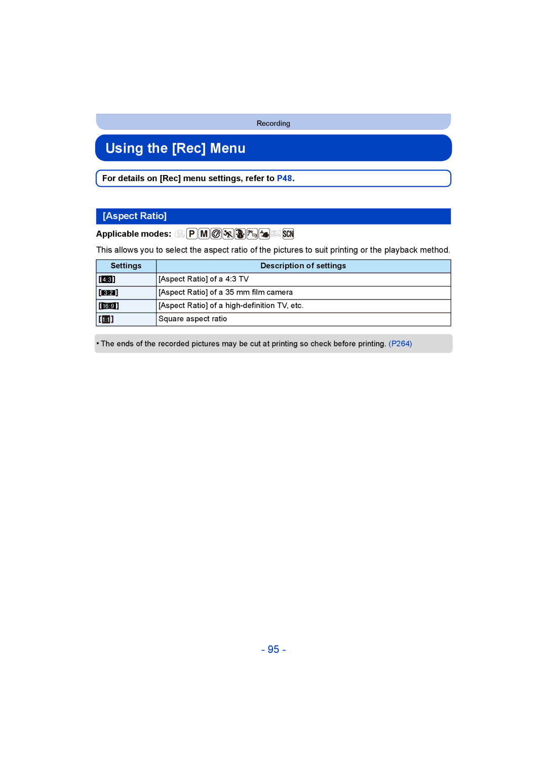 Panasonic DMC-FT5/DMC-TS5 Using the Rec Menu, Aspect Ratio, For details on Rec menu settings, refer to P48 