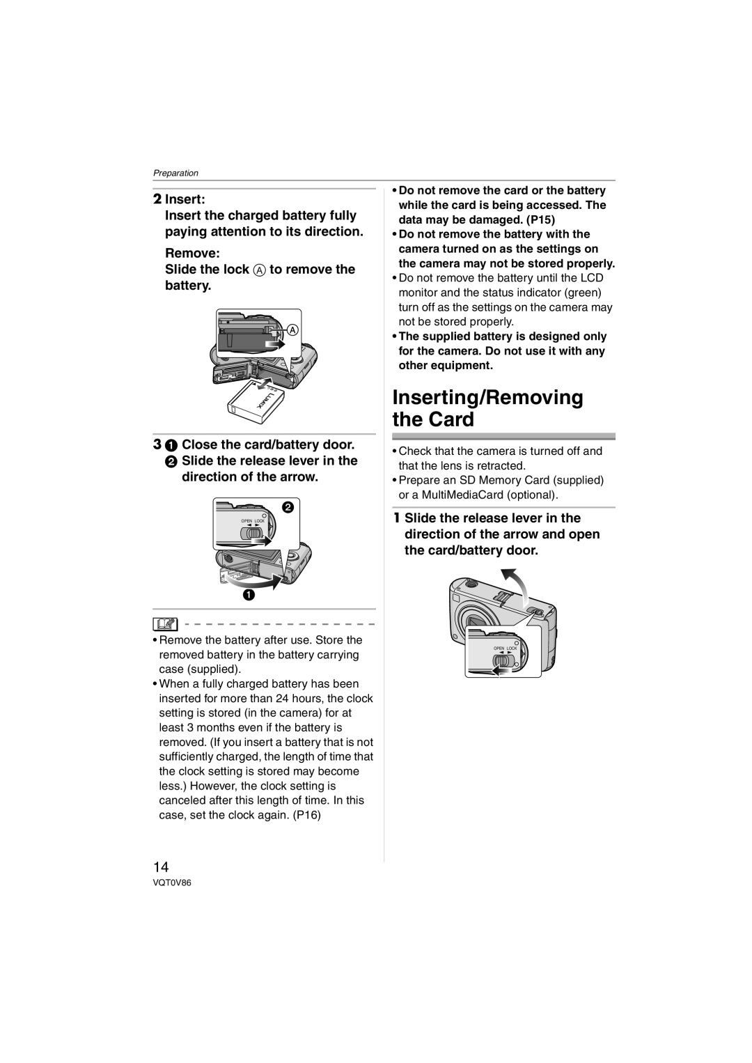 Panasonic DMCFX01S, DMC-FX01, DMCFX01P, DMCFX01K, DMCFX01W operating instructions Inserting/Removing the Card 