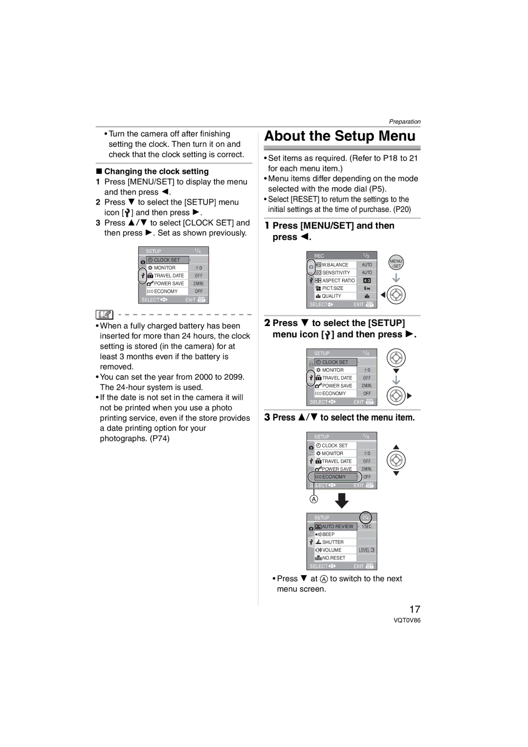 Panasonic DMCFX01K, DMC-FX01 About the Setup Menu, Press MENU/SET and then press, Press 3/4 to select the menu item 