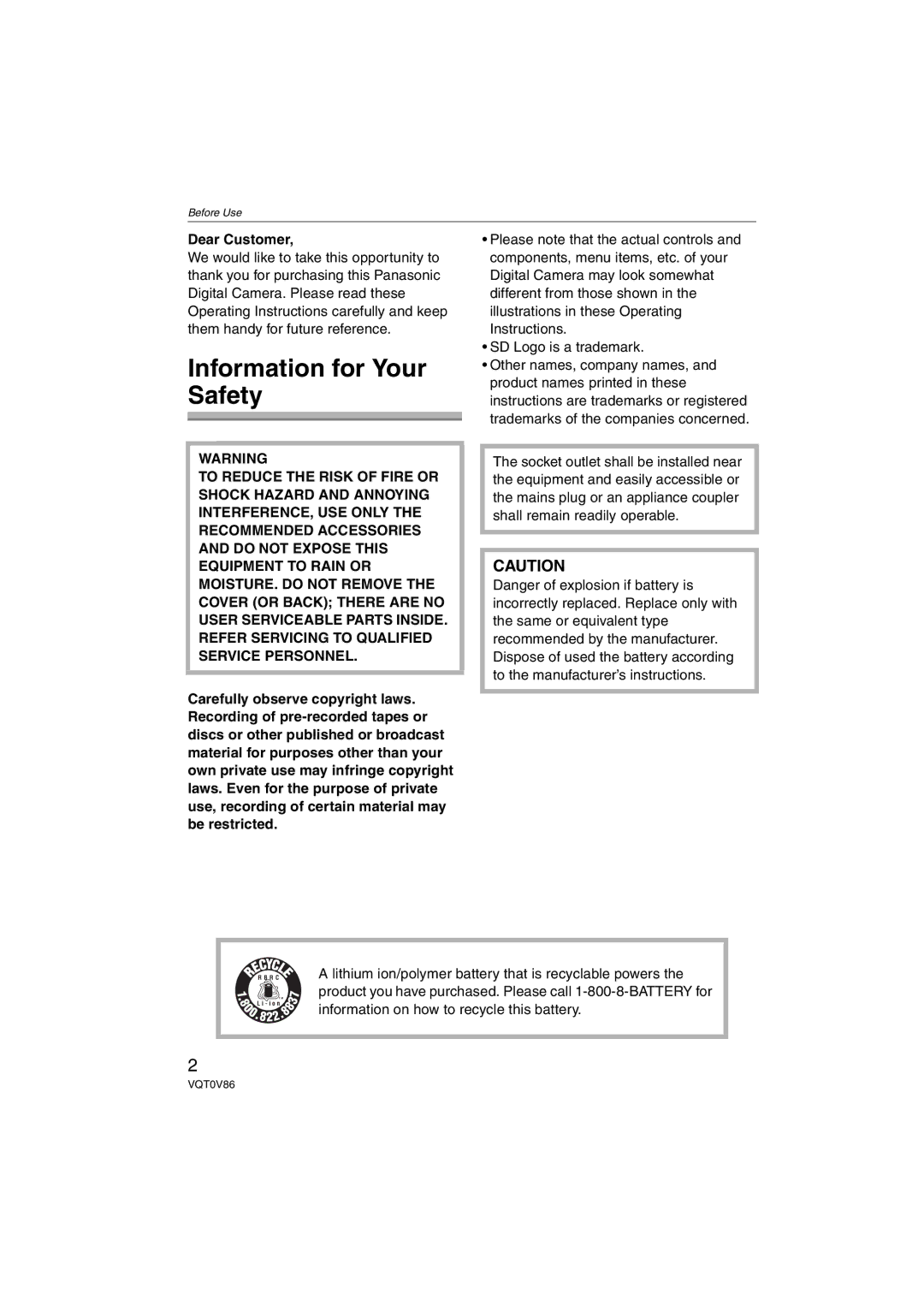 Panasonic DMCFX01K, DMC-FX01, DMCFX01P, DMCFX01W, DMCFX01S operating instructions Information for Your Safety, Dear Customer 