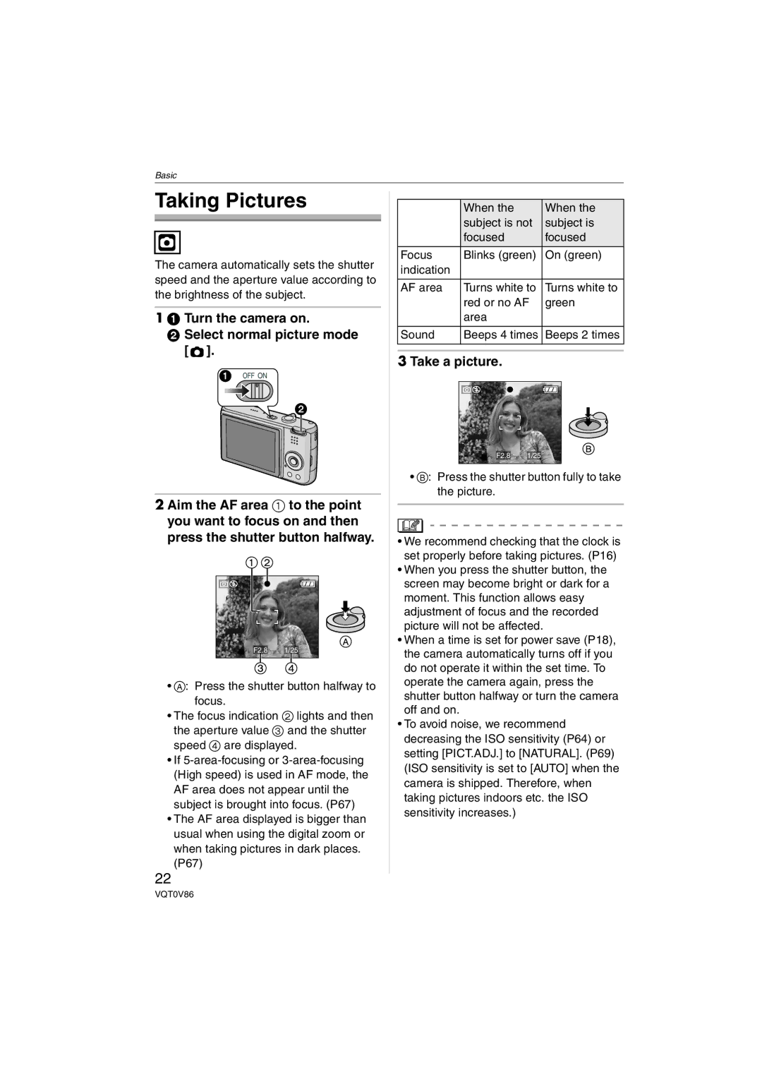 Panasonic DMCFX01K, DMC-FX01, DMCFX01P Taking Pictures, Turn the camera on Select normal picture mode, Take a picture 