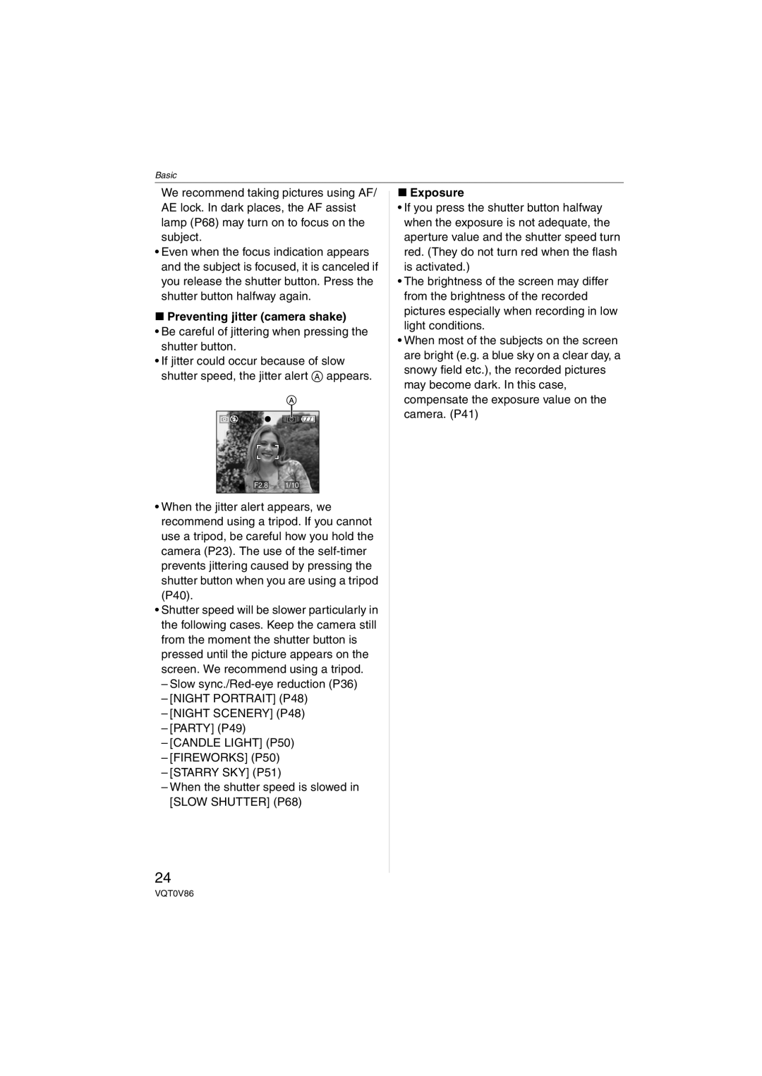 Panasonic DMCFX01S, DMC-FX01 Preventing jitter camera shake, Slow sync./Red-eye reduction P36, Party P49, Exposure 