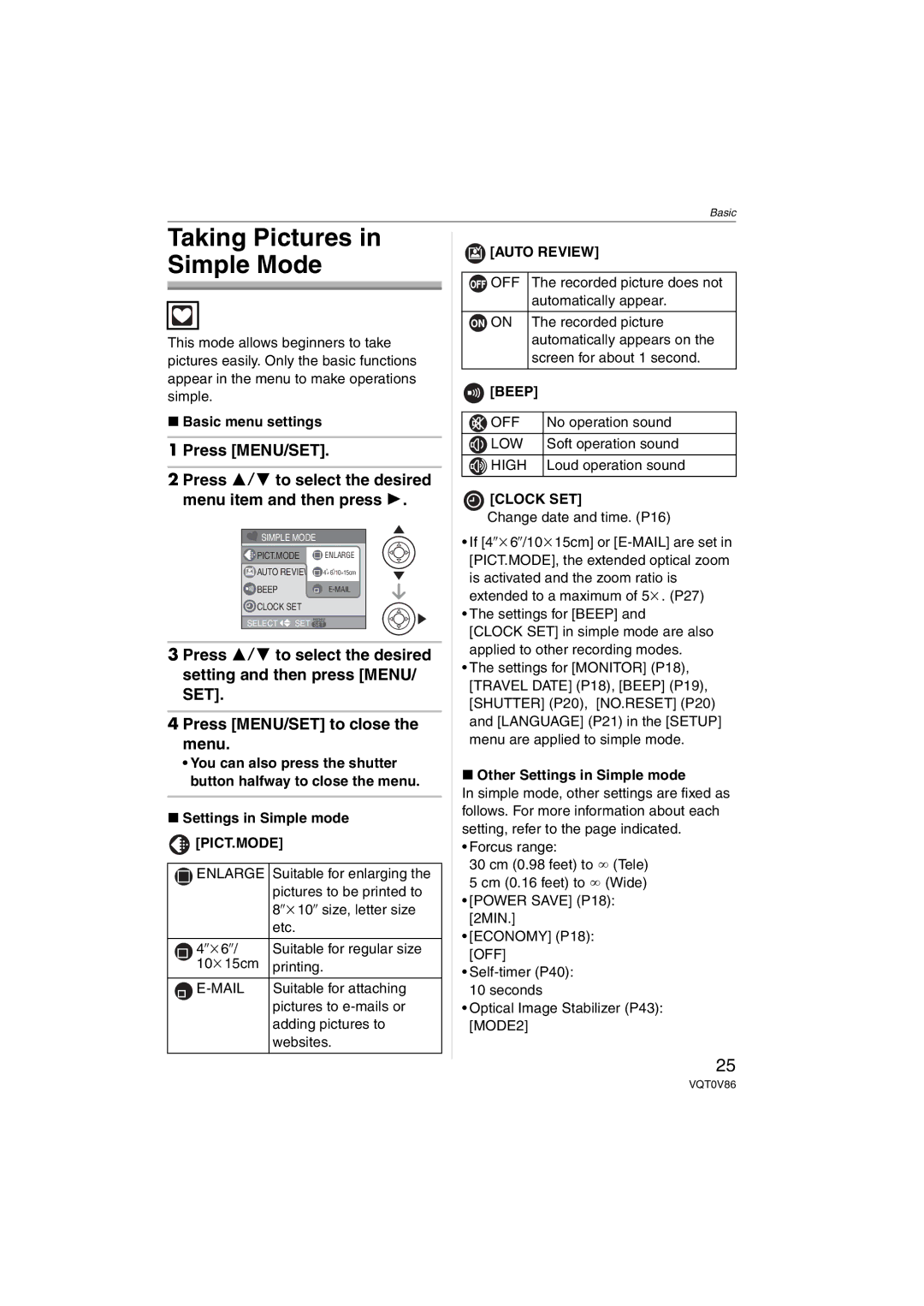 Panasonic DMC-FX01, DMCFX01P, DMCFX01K, DMCFX01W, DMCFX01S Taking Pictures in Simple Mode, Pict.Mode, Beep 