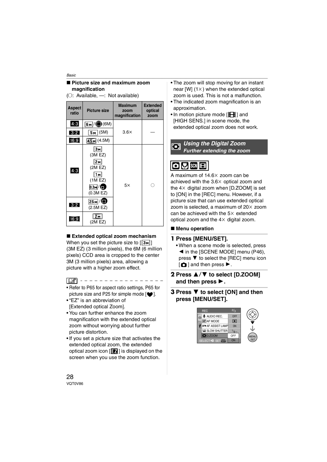 Panasonic DMCFX01W, DMC-FX01 Press MENU/SET, Picture size and maximum zoom Magnification, Extended optical zoom mechanism 