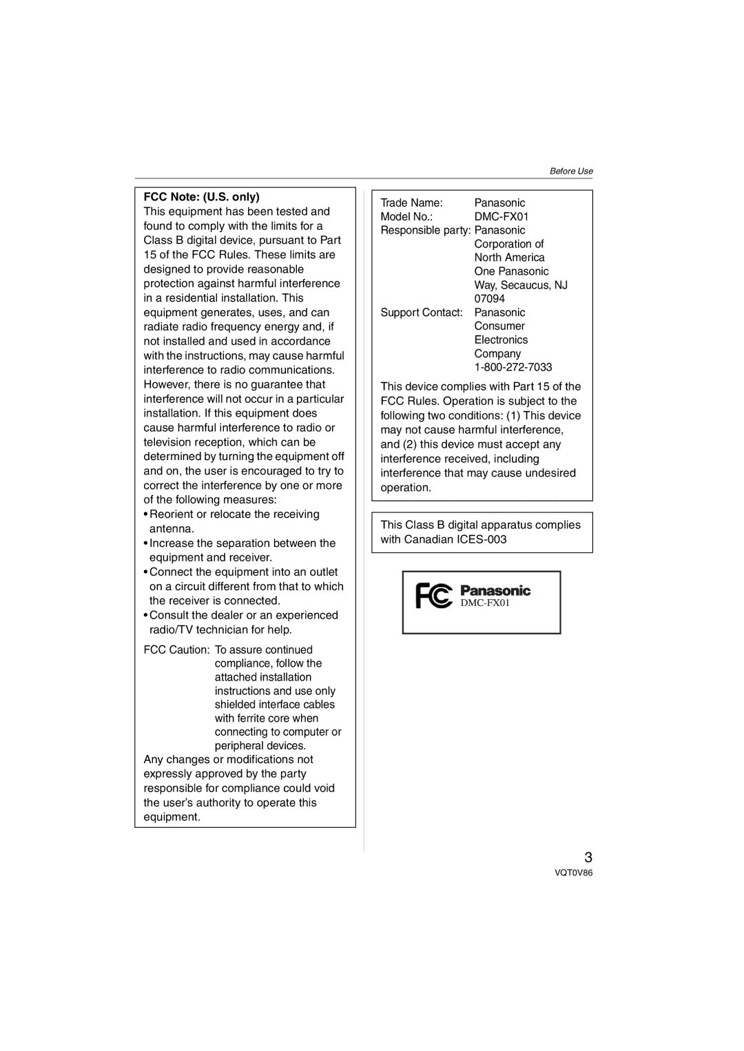 Panasonic DMCFX01W, DMC-FX01, DMCFX01P, DMCFX01K, DMCFX01S operating instructions FCC Note U.S. only 