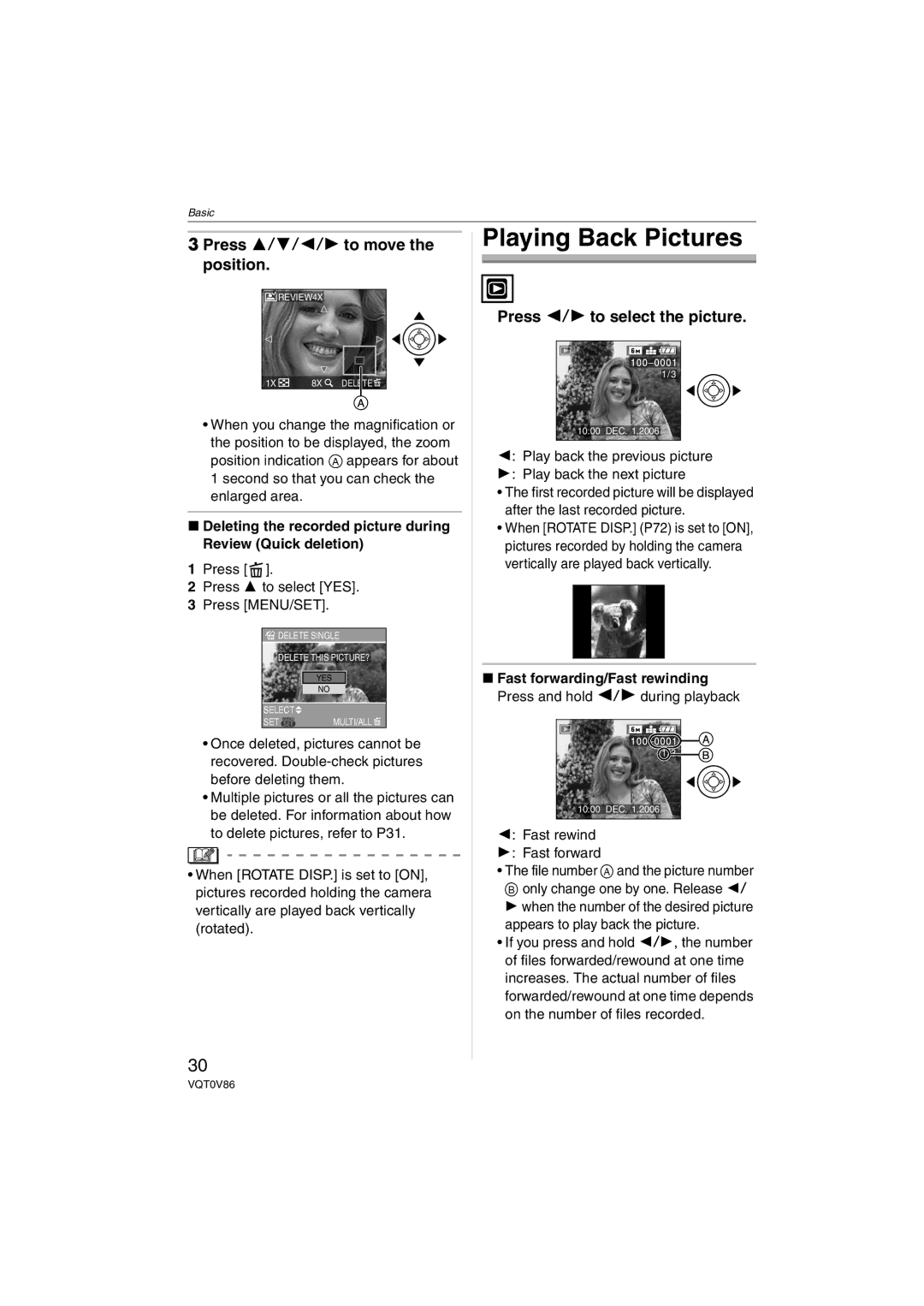 Panasonic DMC-FX01, DMCFX01P Playing Back Pictures, Press 3/4/2/1 to move the position, Press 2/1 to select the picture 