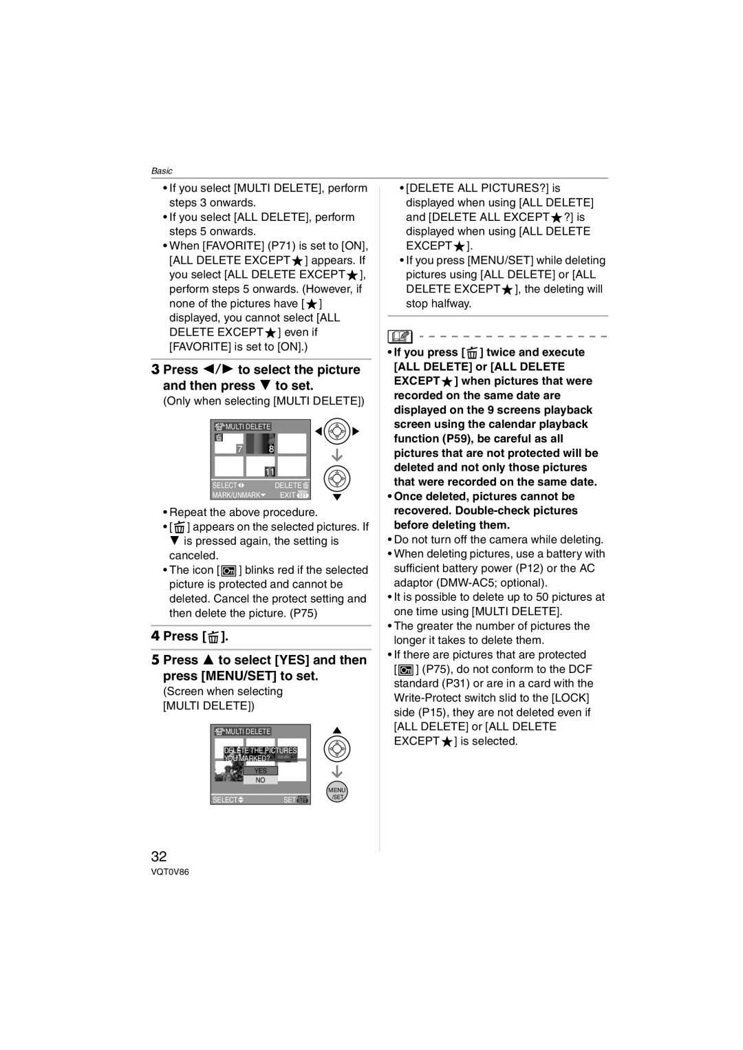 Panasonic DMCFX01K, DMC-FX01 Press 2/1 to select the picture and then press 4 to set, Only when selecting Multi Delete 