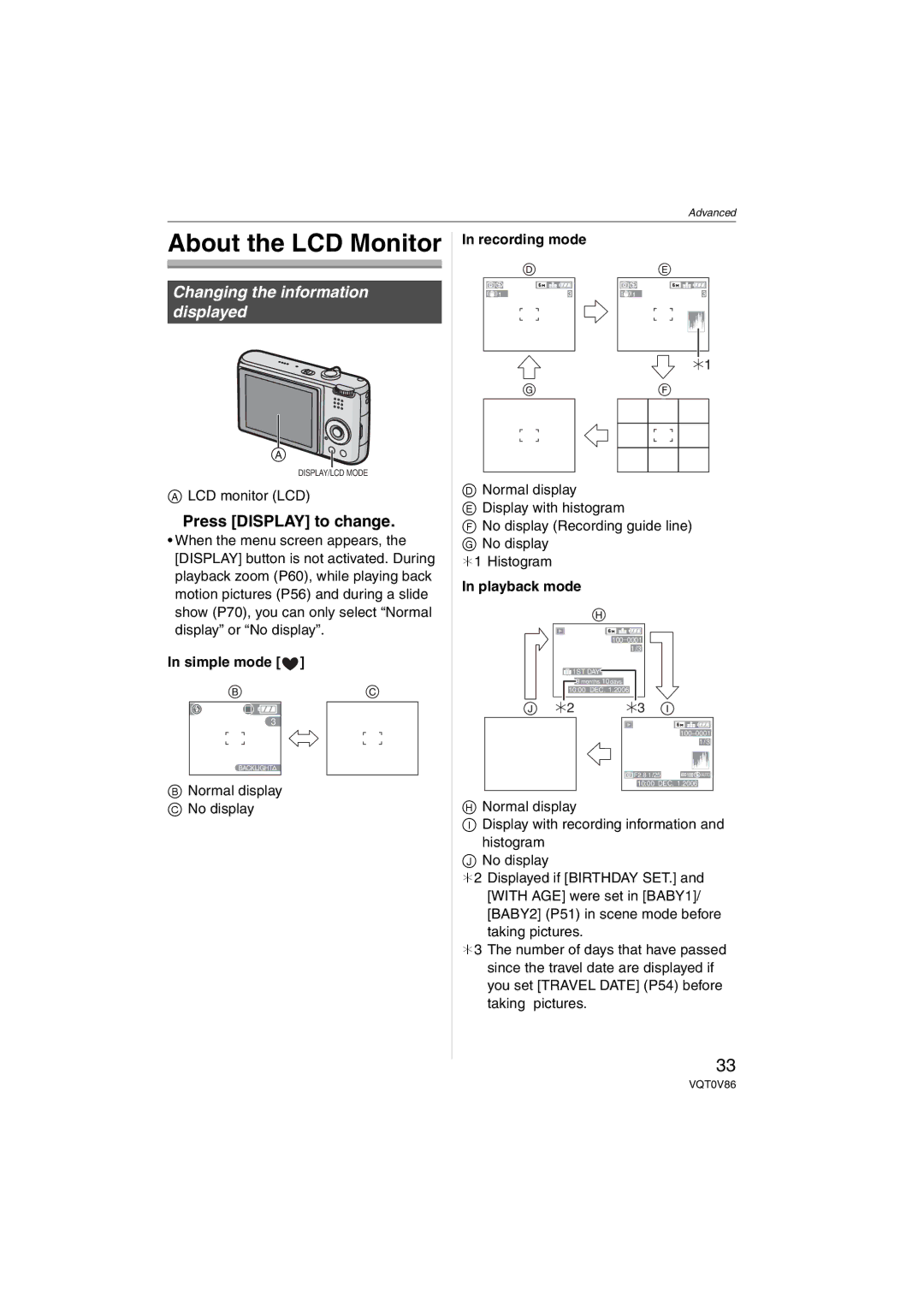 Panasonic DMCFX01W, DMC-FX01 About the LCD Monitor, Press Display to change, Simple mode, Recording mode, Playback mode 