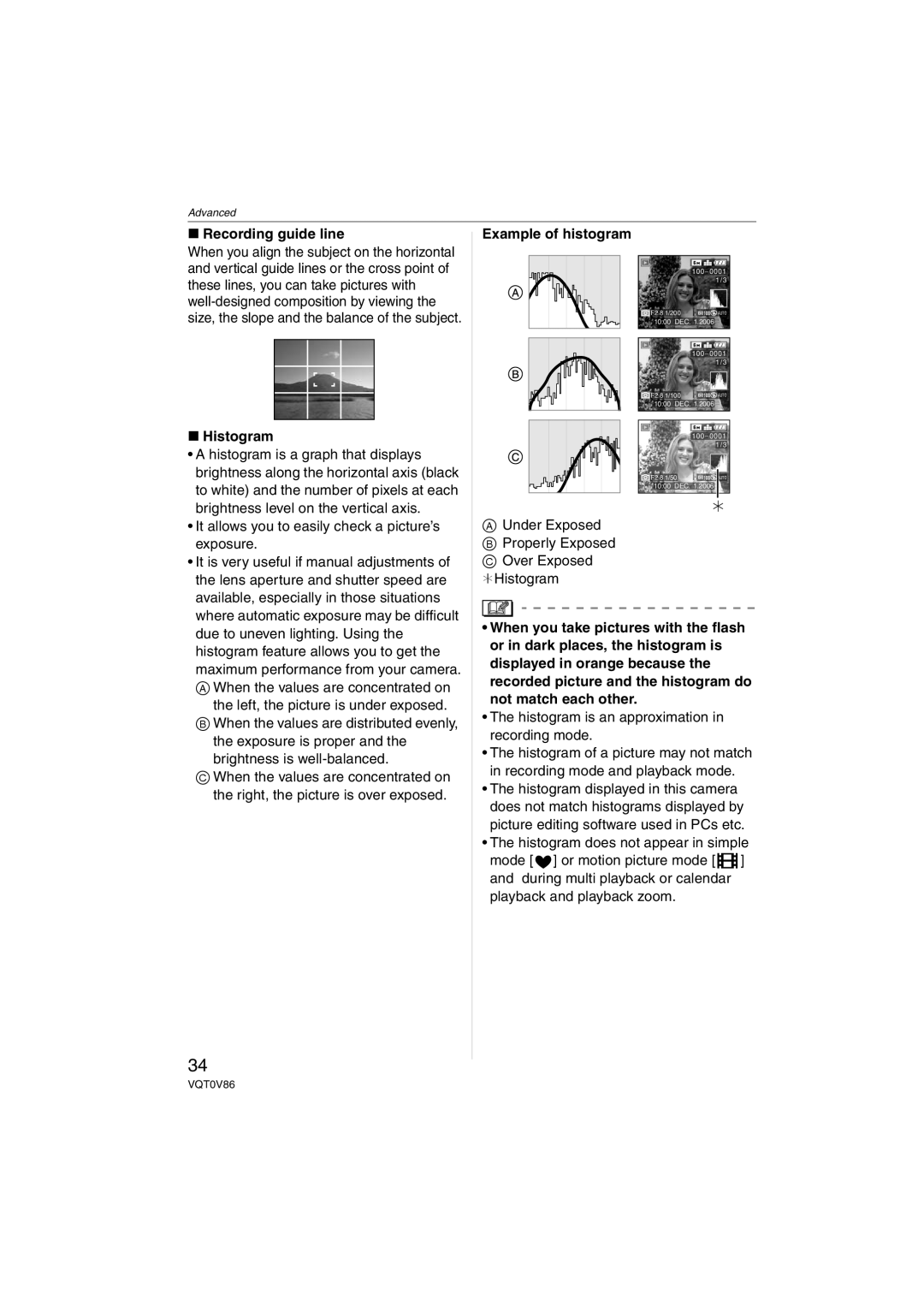 Panasonic DMCFX01S, DMC-FX01, DMCFX01P, DMCFX01K, DMCFX01W Recording guide line, Histogram, Example of histogram 