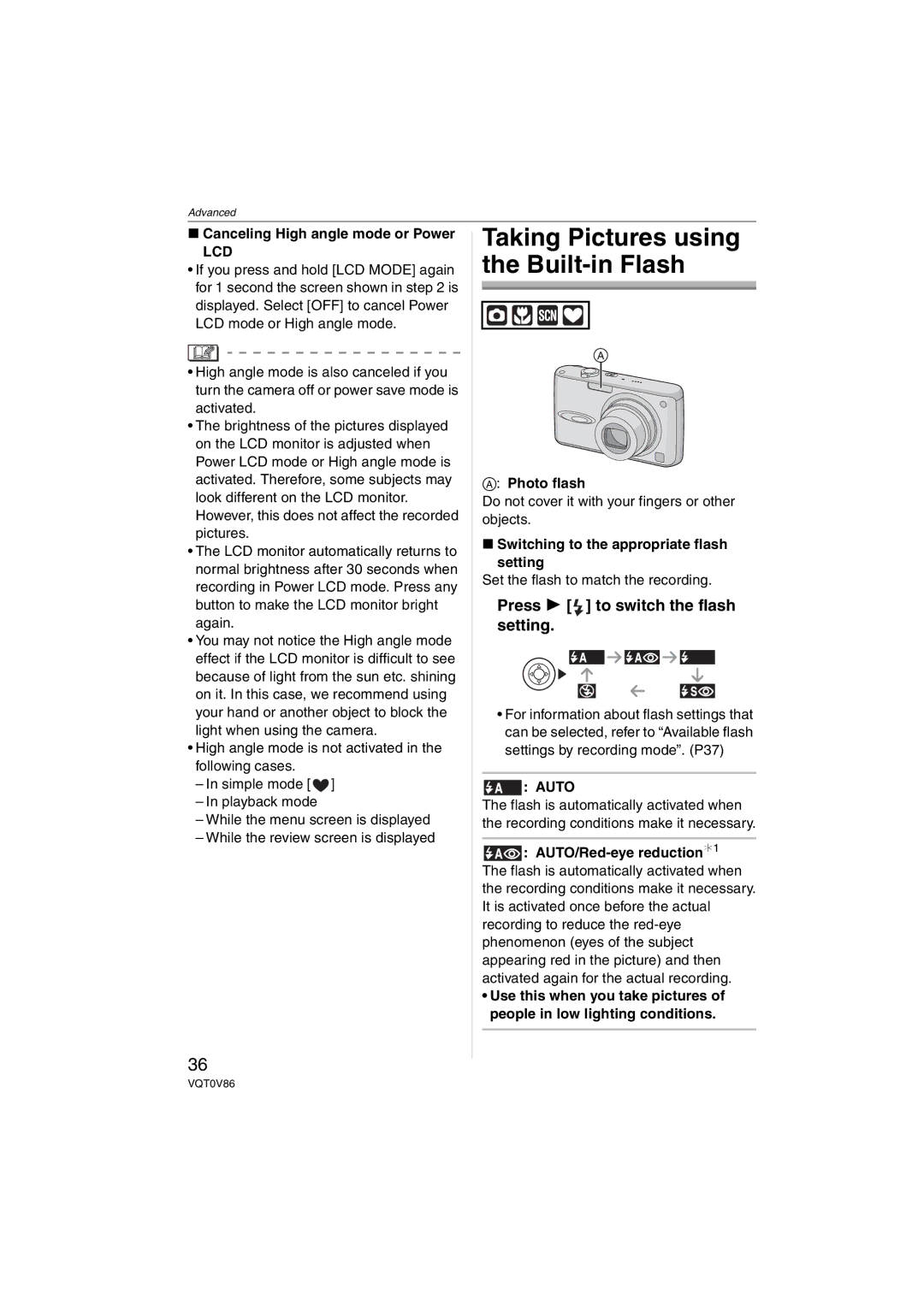 Panasonic DMCFX01P, DMC-FX01, DMCFX01K, DMCFX01W, DMCFX01S operating instructions Press 1 to switch the flash setting, Lcd 