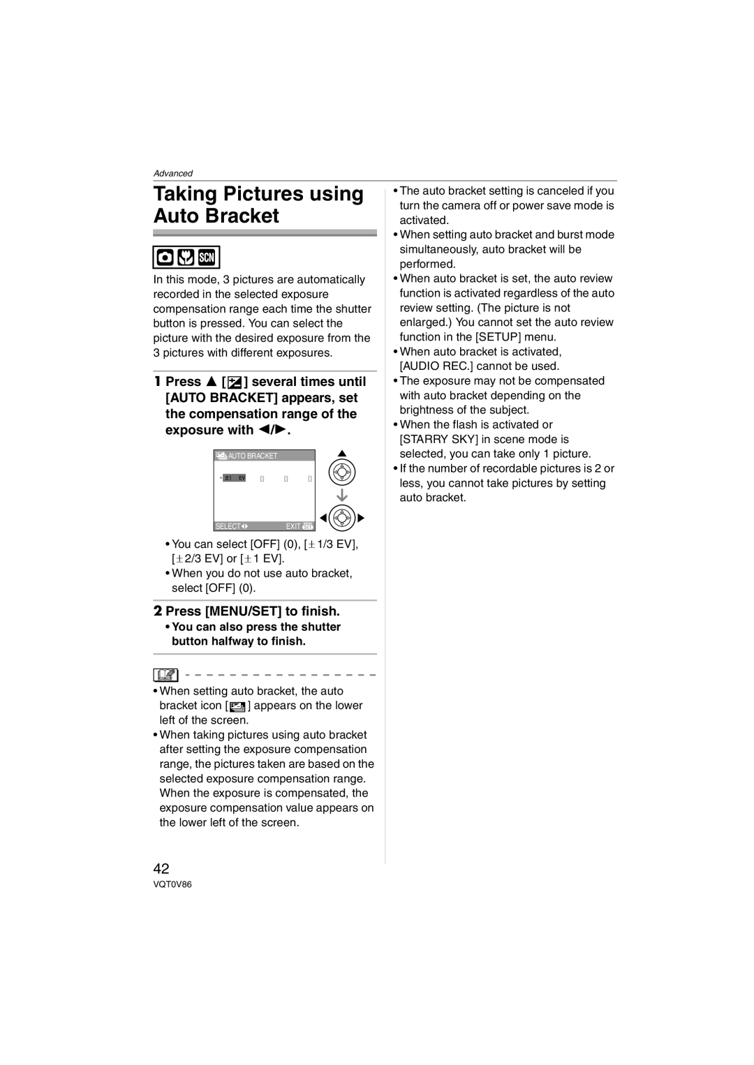 Panasonic DMCFX01K, DMC-FX01, DMCFX01P, DMCFX01W, DMCFX01S operating instructions Taking Pictures using Auto Bracket 