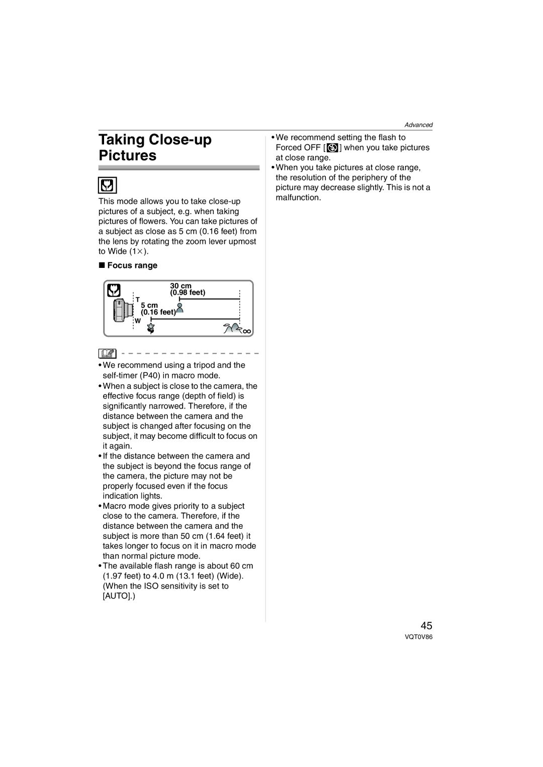 Panasonic DMC-FX01, DMCFX01P, DMCFX01K, DMCFX01W, DMCFX01S operating instructions Taking Close-up Pictures, Focus range 