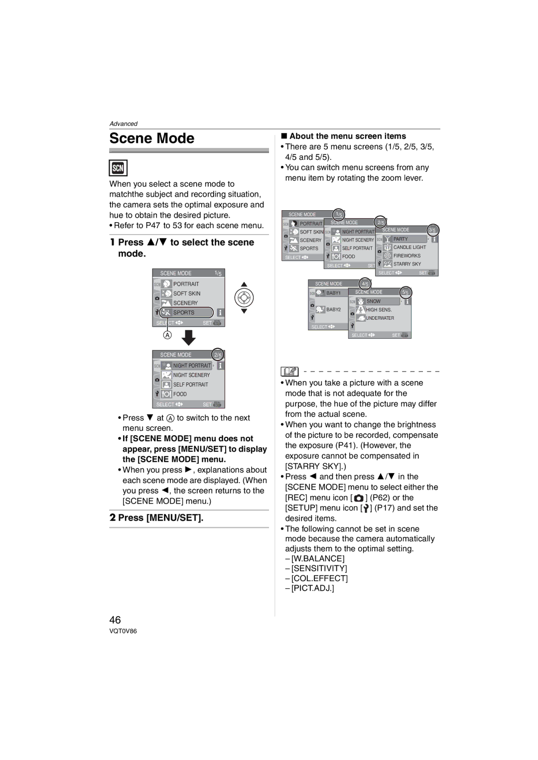 Panasonic DMCFX01P Scene Mode, Press 3/4 to select the scene mode, There are 5 menu screens 1/5, 2/5, 3/5, 4/5 and 5/5 