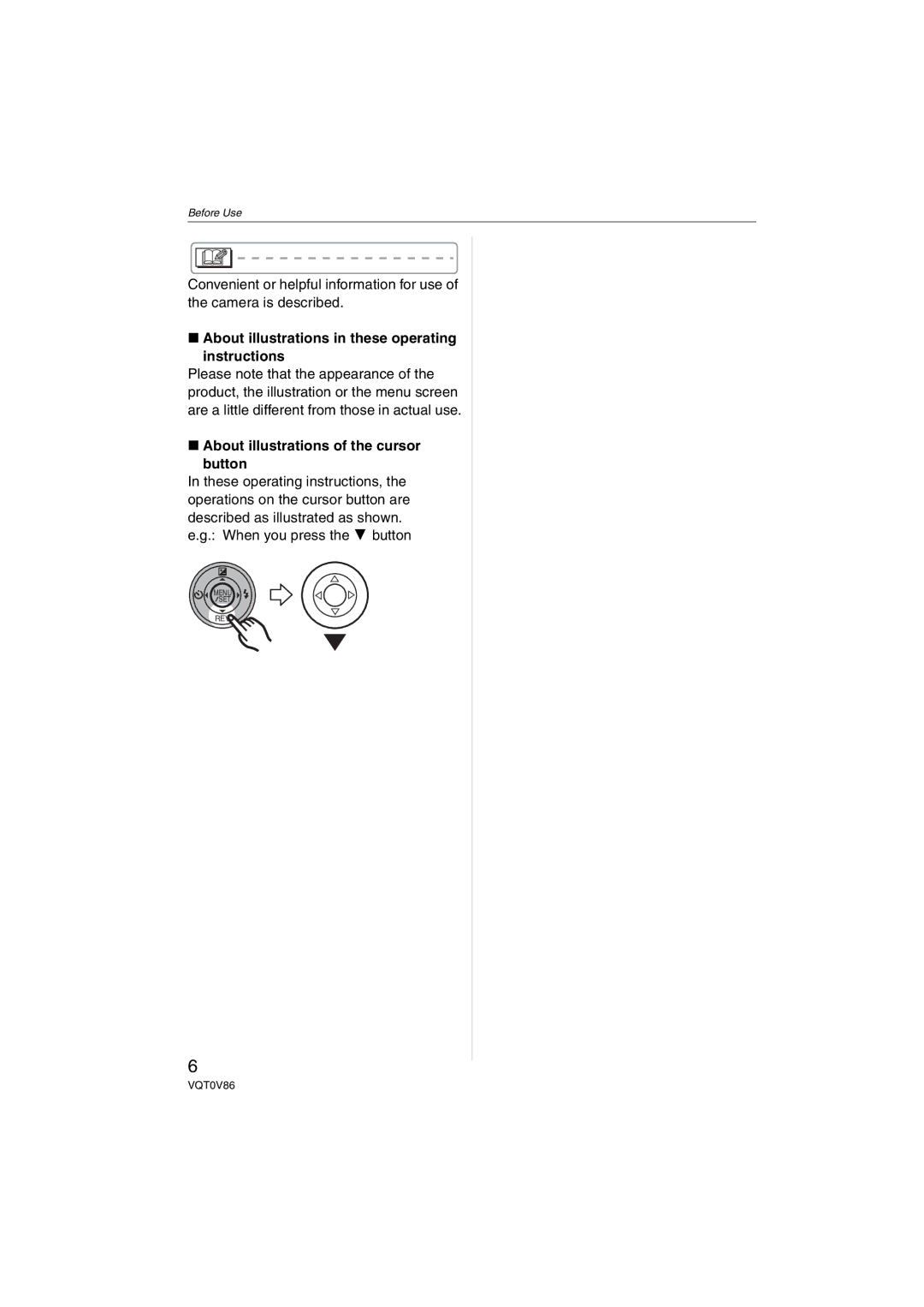 Panasonic DMCFX01P, DMC-FX01 About illustrations in these operating instructions, About illustrations of the cursor button 