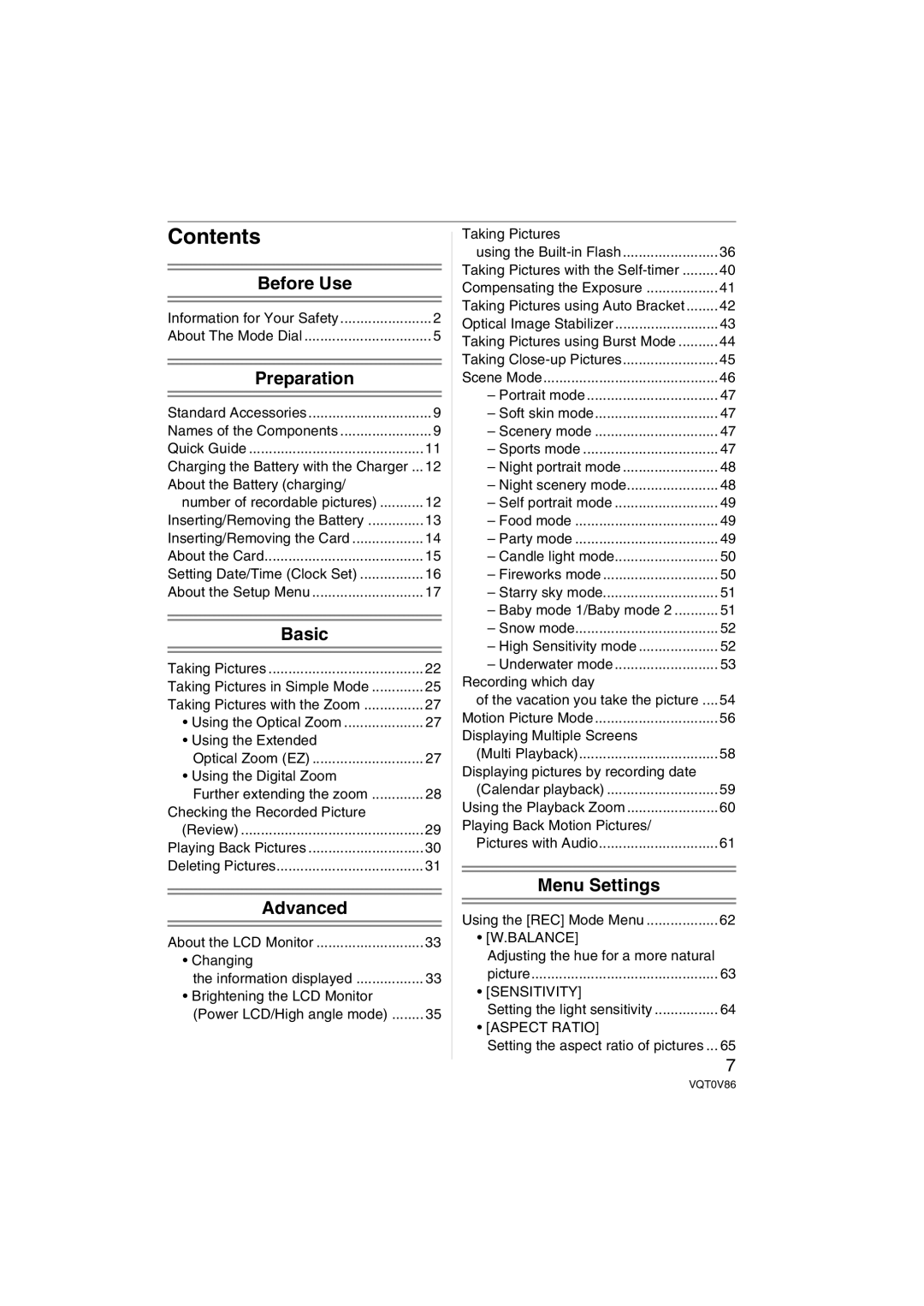 Panasonic DMCFX01K, DMC-FX01, DMCFX01P, DMCFX01W, DMCFX01S operating instructions Contents 