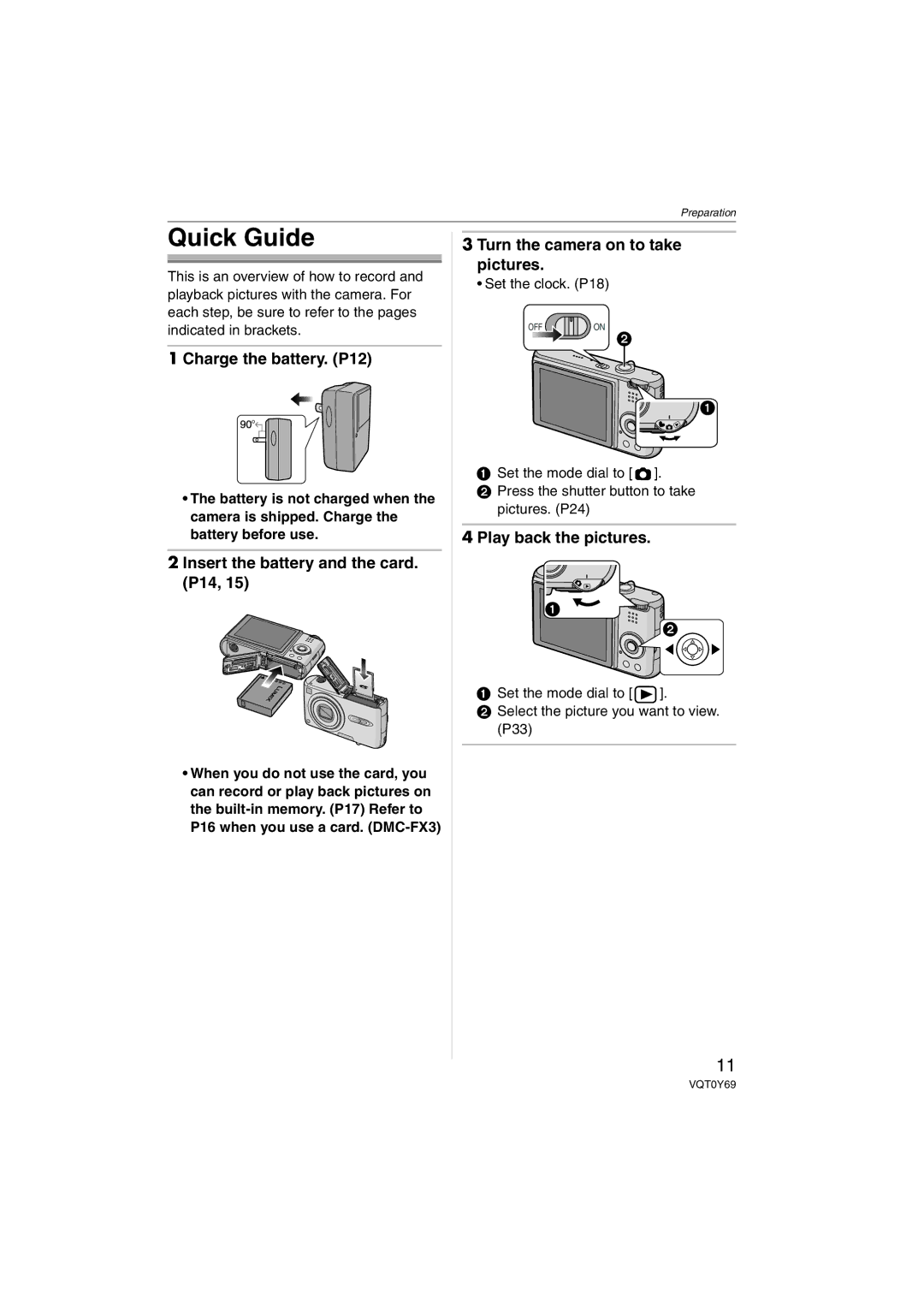 Panasonic DMC-FX3 Quick Guide, Charge the battery. P12, Insert the battery and the card. P14, Play back the pictures 