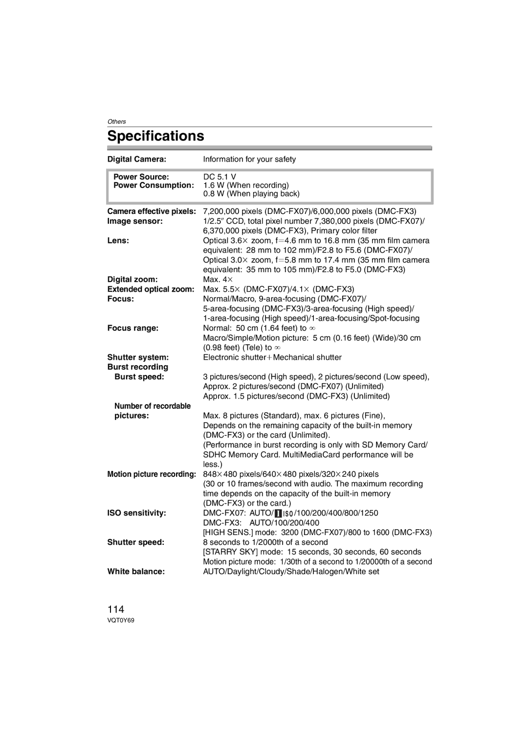 Panasonic DMC-FX07, DMC-FX3 operating instructions Specifications, 114 