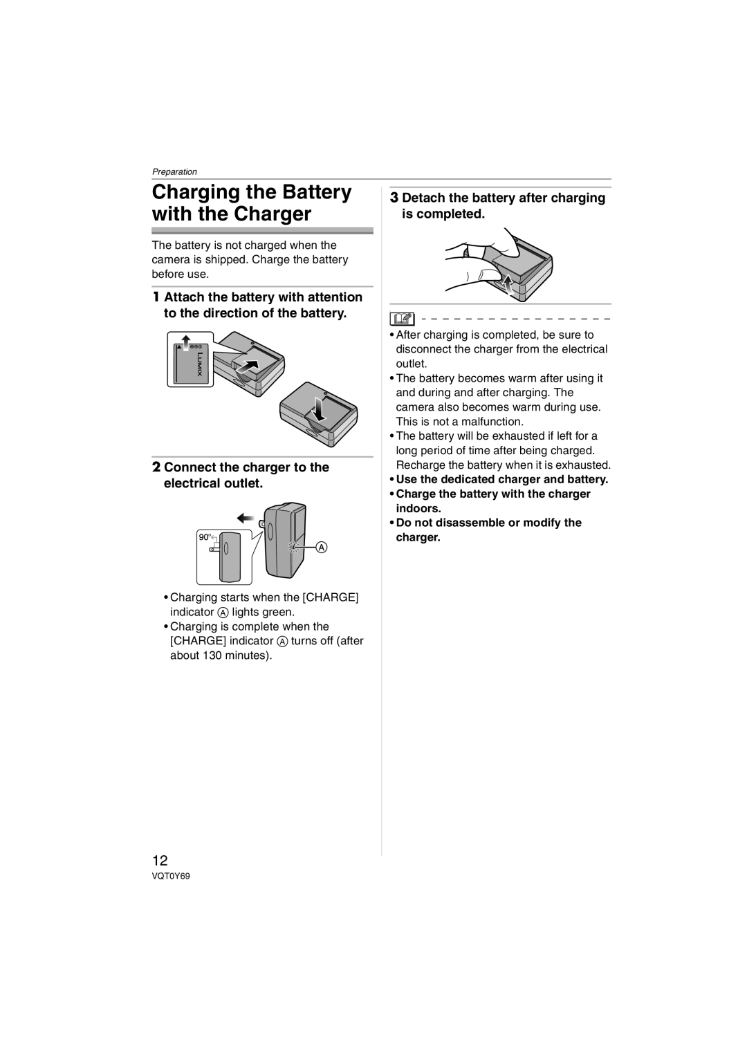 Panasonic DMC-FX07, DMC-FX3 Charging the Battery with the Charger, Detach the battery after charging is completed 